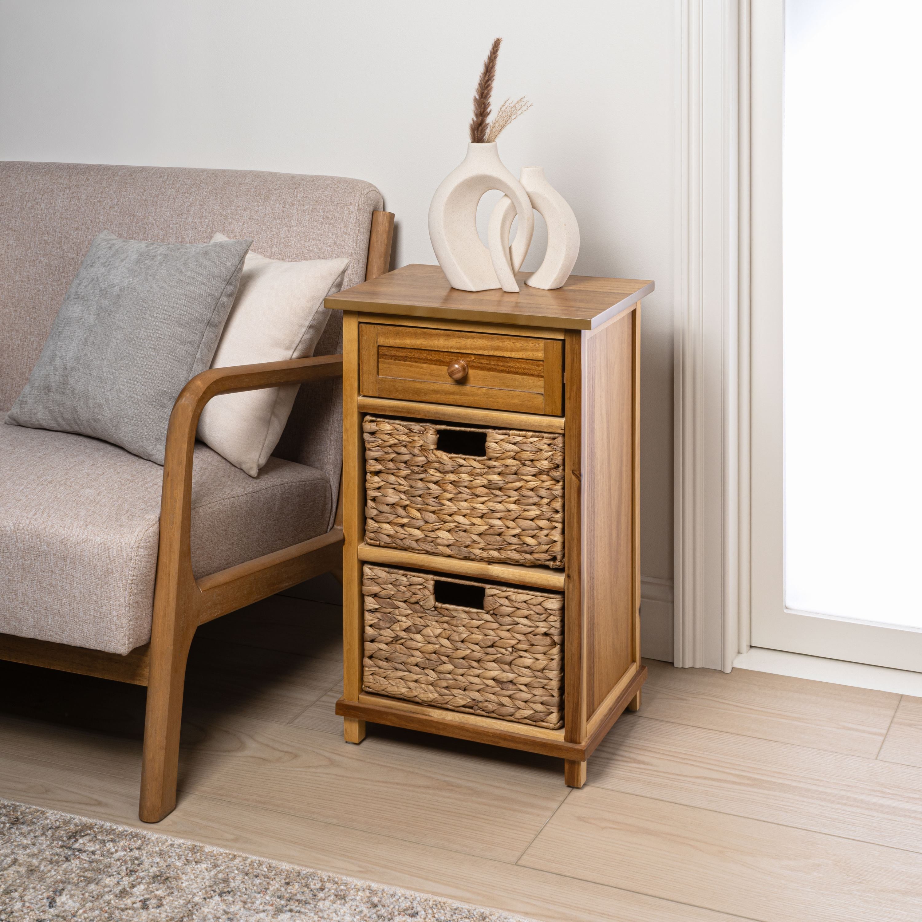 Malibu Rustic Handcrafted Water Hyacinth and Acacia Wood Accent Storage Nightstand with Drawer and 2 Woven Baskets