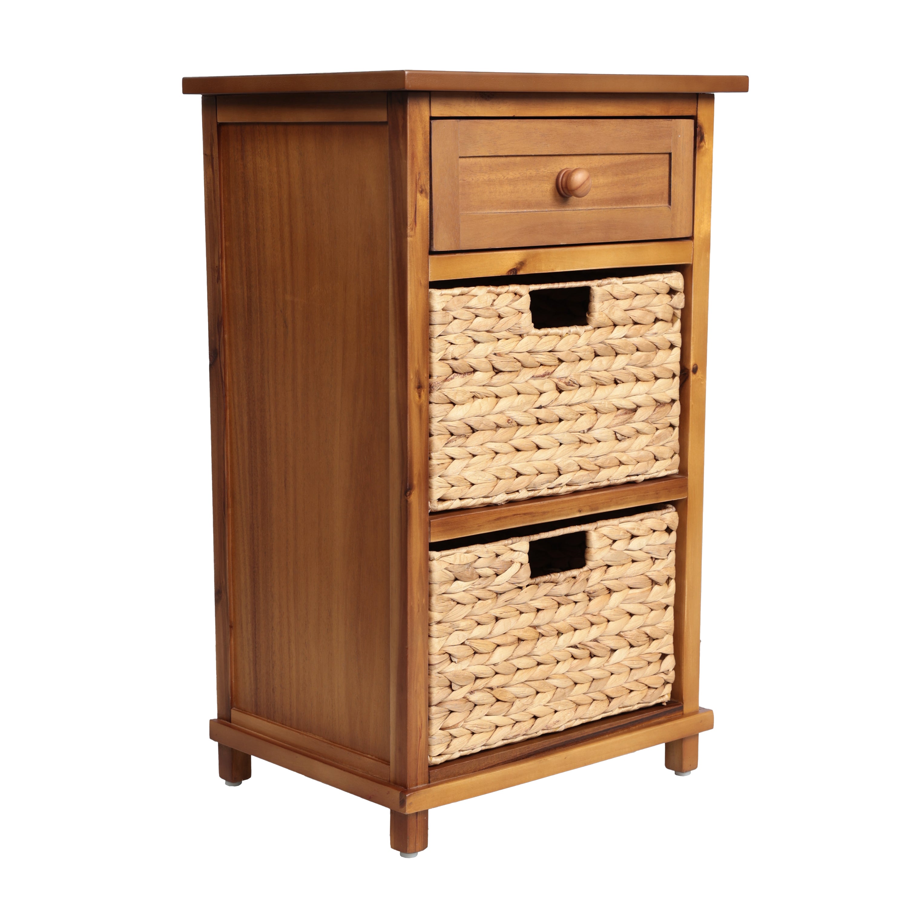 Malibu Rustic Handcrafted Water Hyacinth and Acacia Wood Accent Storage Nightstand with Drawer and 2 Woven Baskets