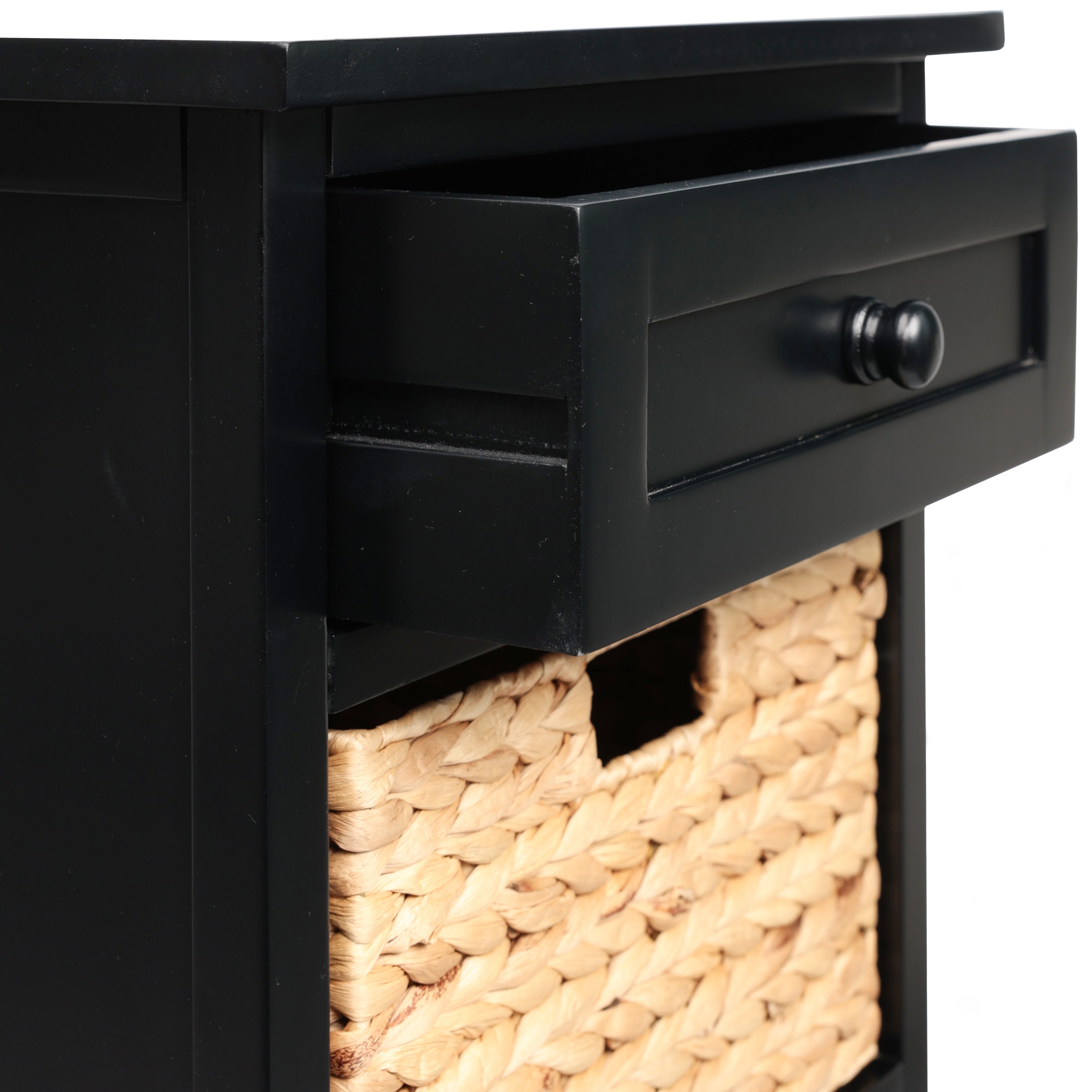 Malibu Rustic Handcrafted Water Hyacinth and Acacia Wood Accent Storage Nightstand with Drawer and 2 Woven Baskets