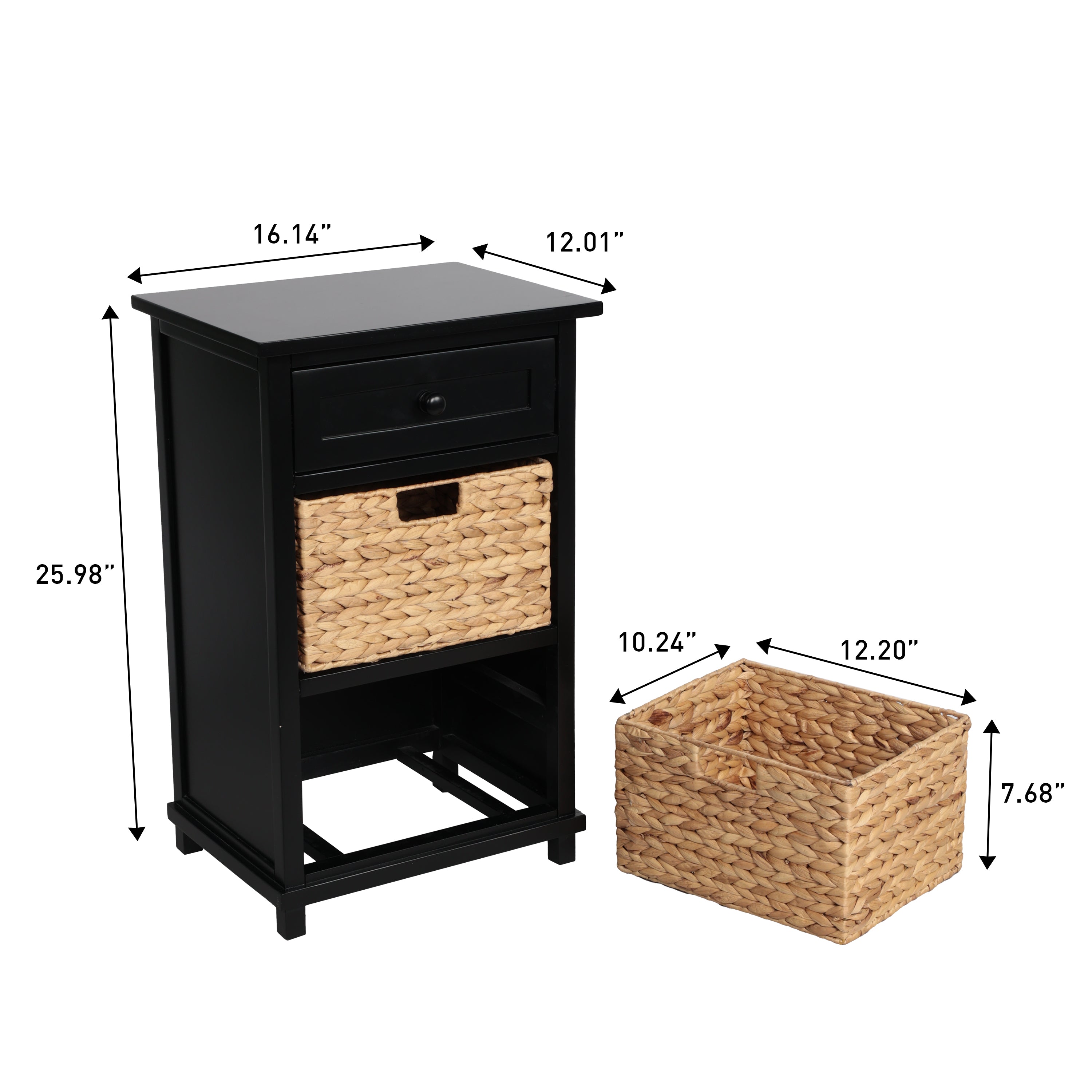 Malibu Rustic Handcrafted Water Hyacinth and Acacia Wood Accent Storage Nightstand with Drawer and 2 Woven Baskets