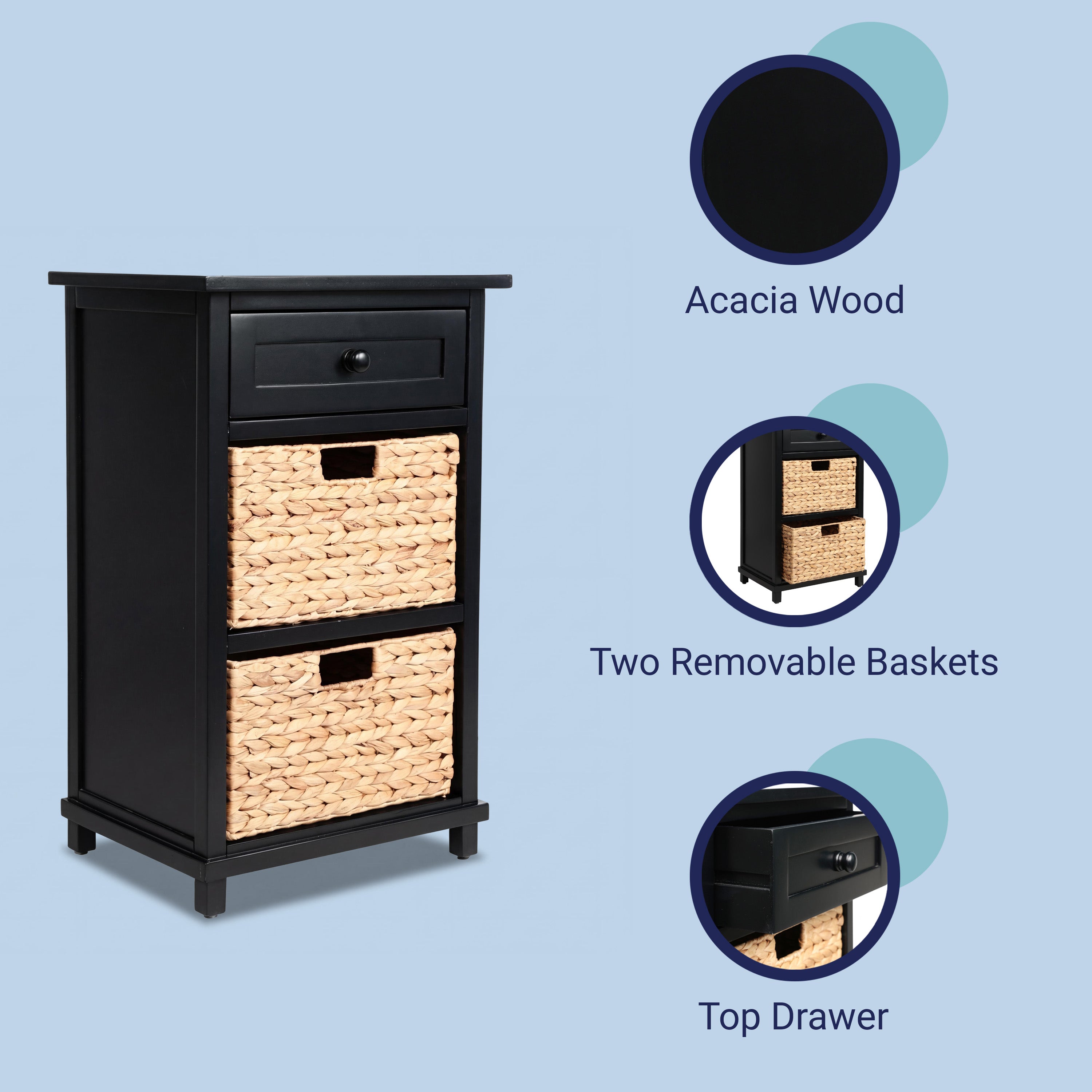Malibu Rustic Handcrafted Water Hyacinth and Acacia Wood Accent Storage Nightstand with Drawer and 2 Woven Baskets