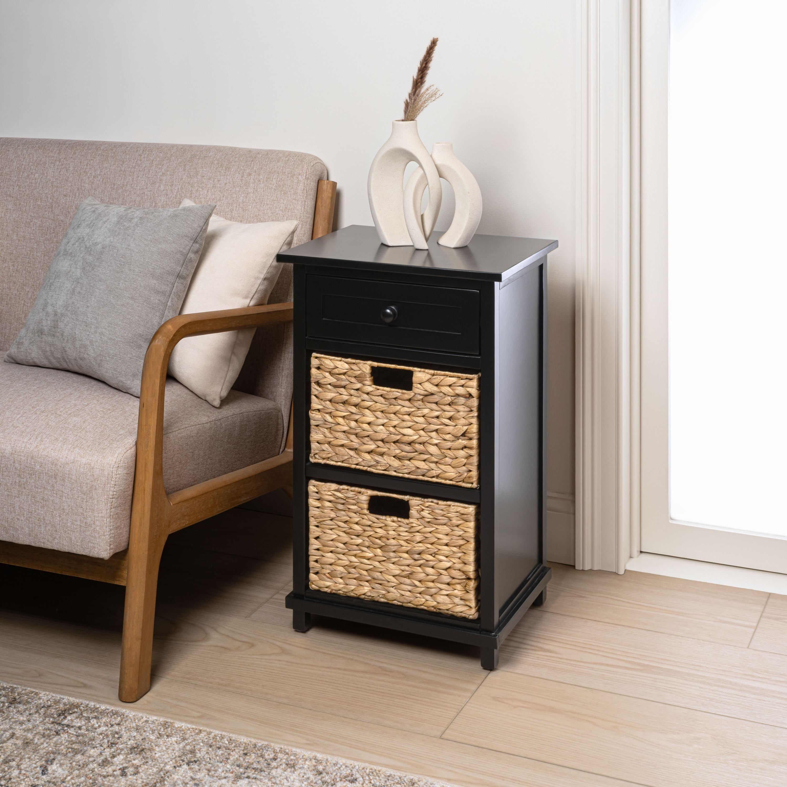 Malibu Rustic Handcrafted Water Hyacinth and Acacia Wood Accent Storage Nightstand with Drawer and 2 Woven Baskets