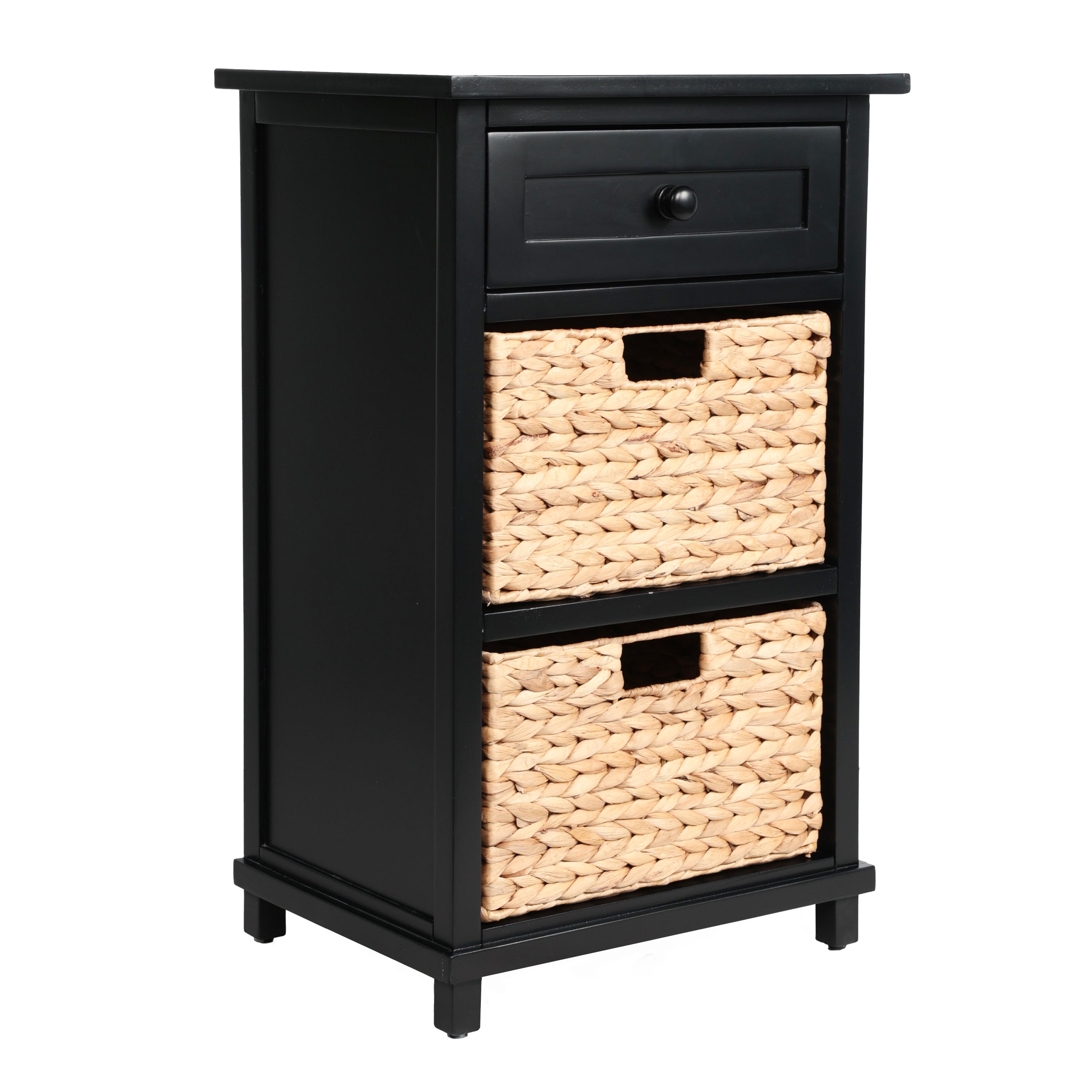 Malibu Rustic Handcrafted Water Hyacinth and Acacia Wood Accent Storage Nightstand with Drawer and 2 Woven Baskets