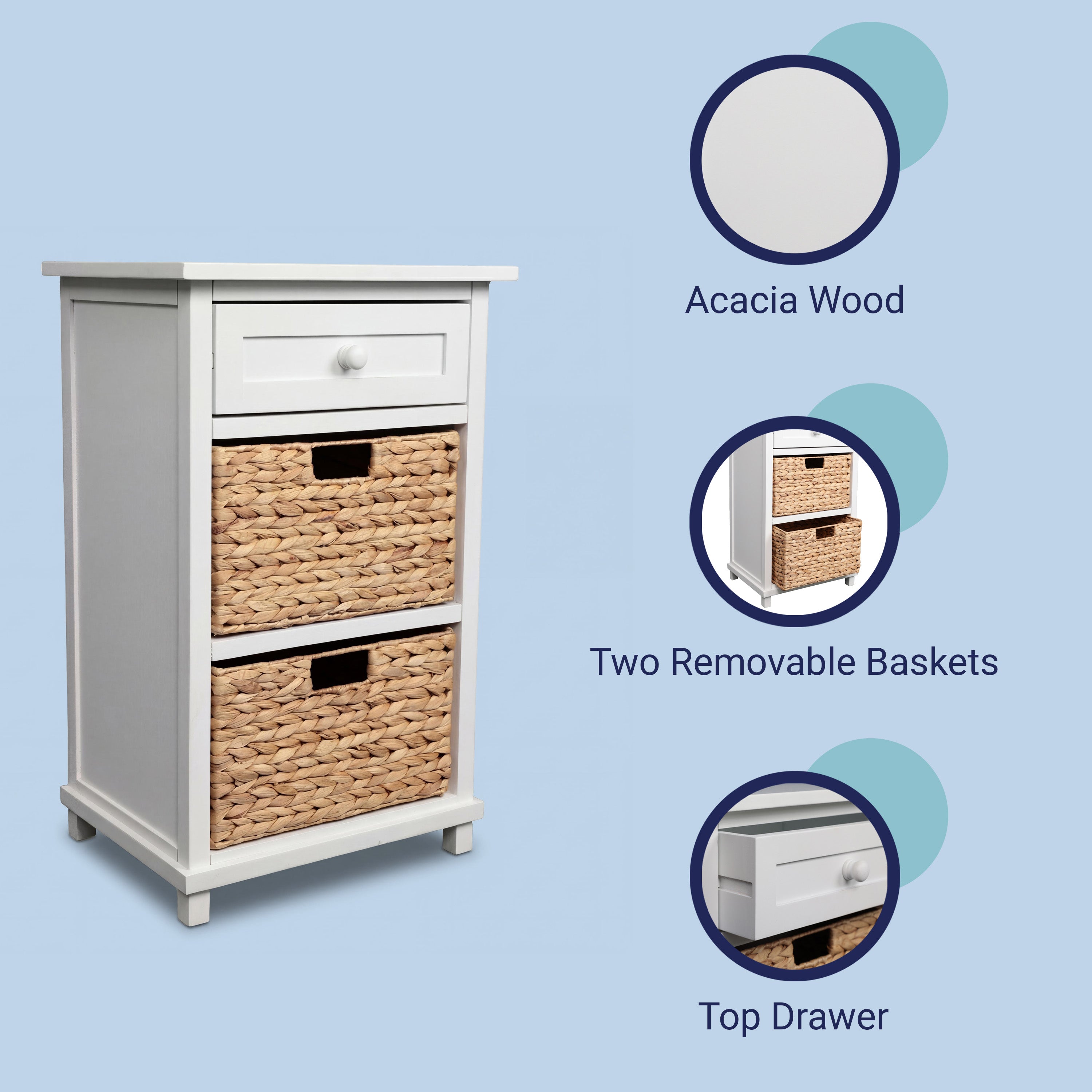 Malibu Rustic Handcrafted Water Hyacinth and Acacia Wood Accent Storage Nightstand with Drawer and 2 Woven Baskets