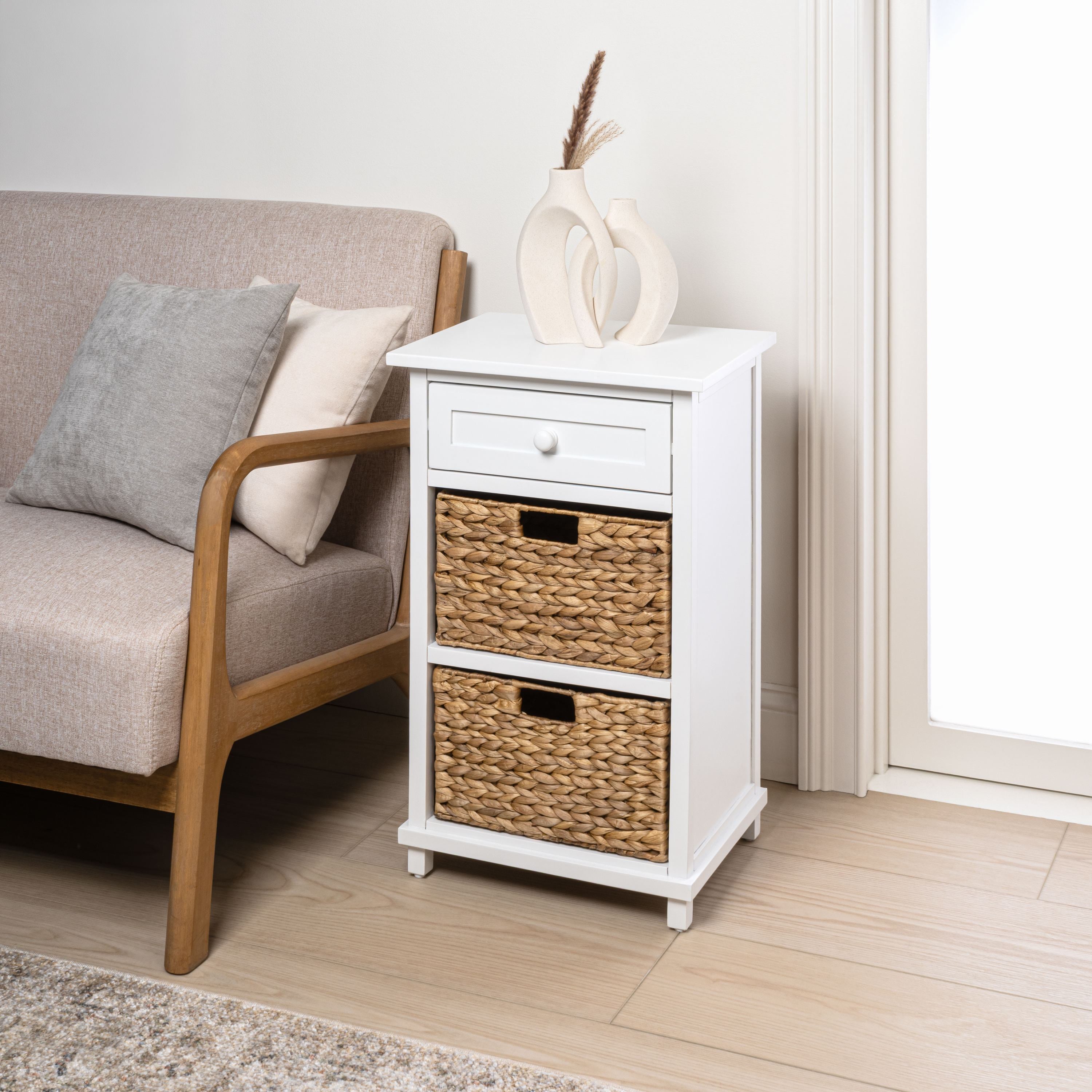 Malibu Rustic Handcrafted Water Hyacinth and Acacia Wood Accent Storage Nightstand with Drawer and 2 Woven Baskets