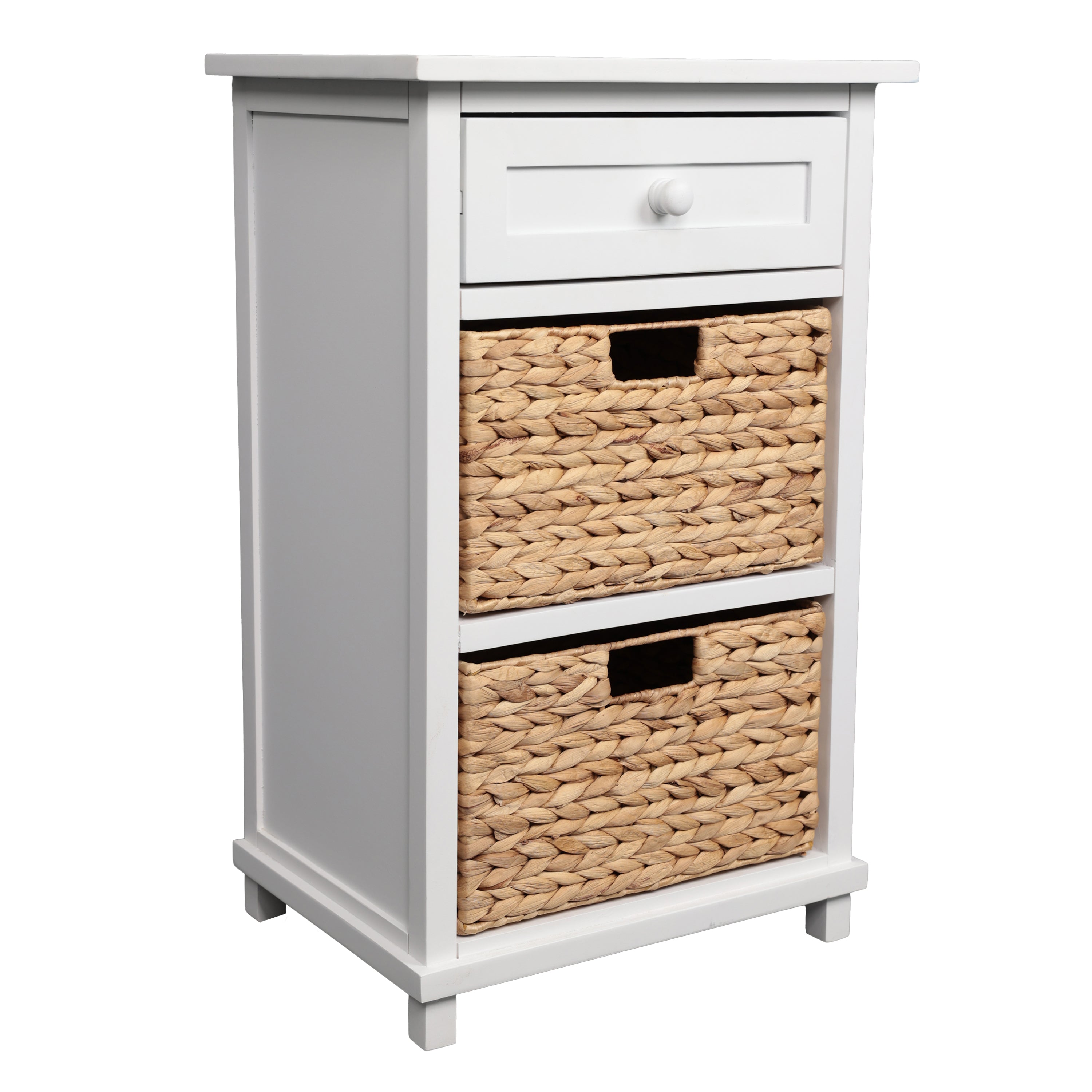 Malibu Rustic Handcrafted Water Hyacinth and Acacia Wood Accent Storage Nightstand with Drawer and 2 Woven Baskets