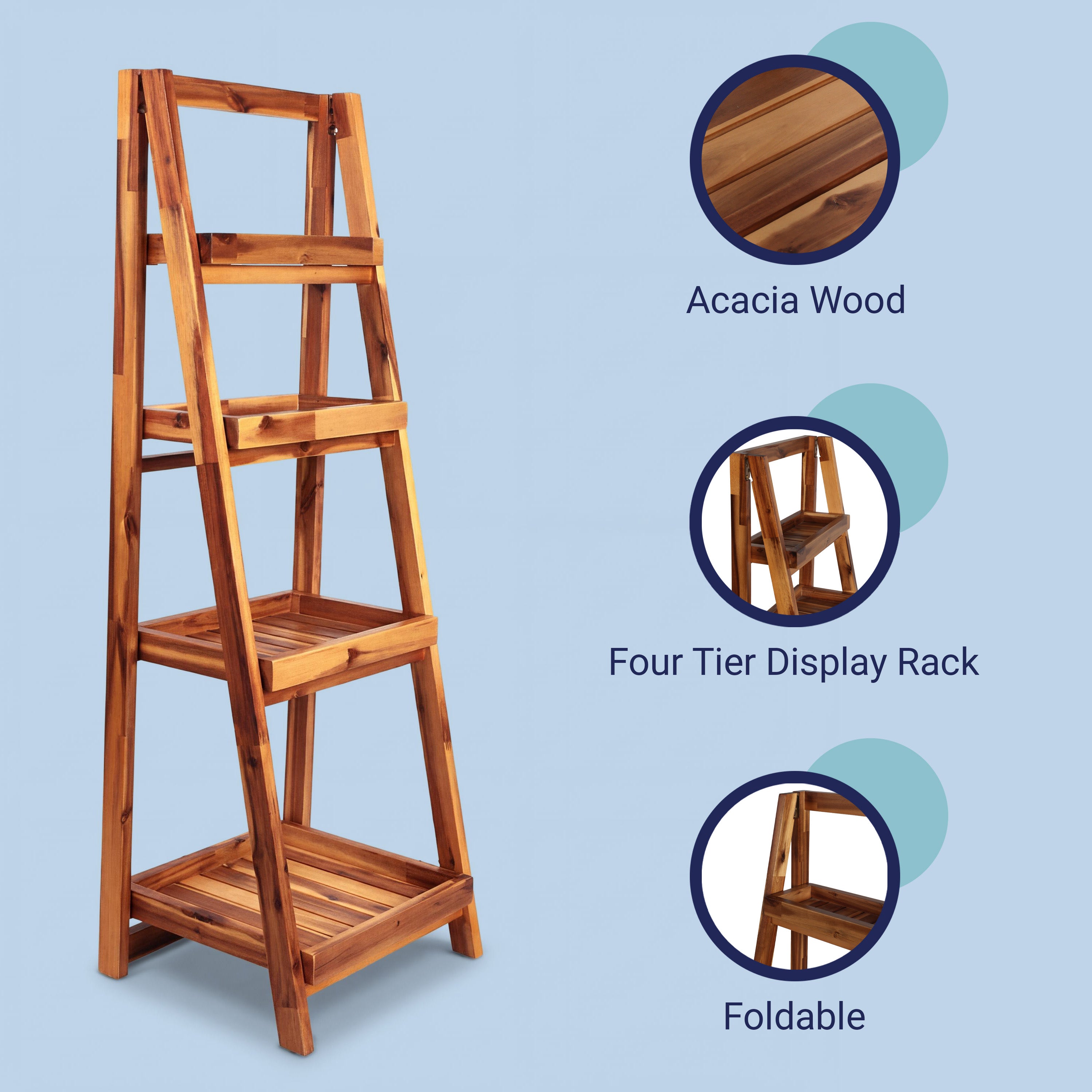 Everett Minimalist Handcrafted Acacia Wood 4-Tier Indoor/Outdoor Folding Display Ladder Storage Rack and Plant Stand