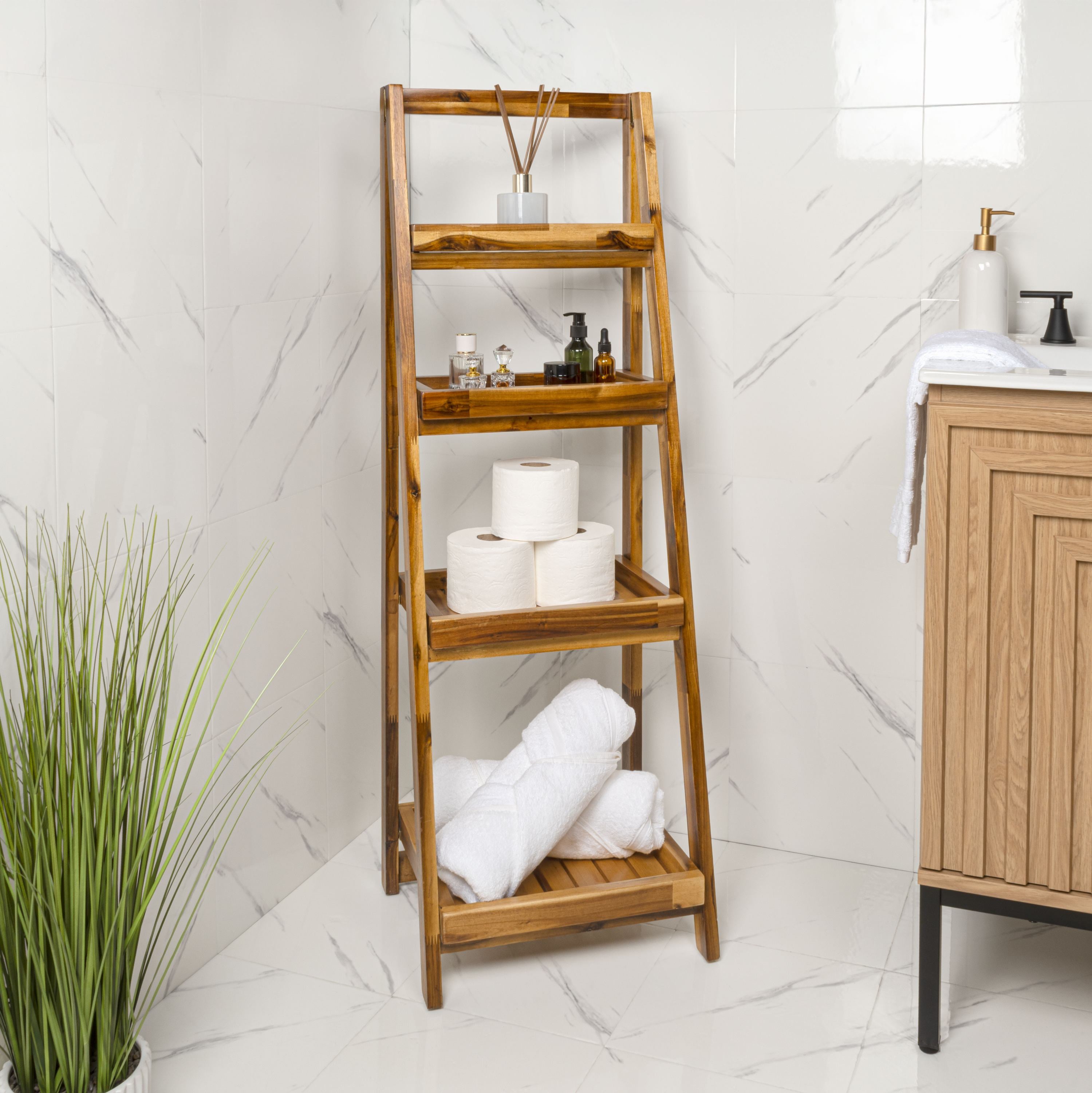 Everett Minimalist Handcrafted Acacia Wood 4-Tier Indoor/Outdoor Folding Display Ladder Storage Rack and Plant Stand