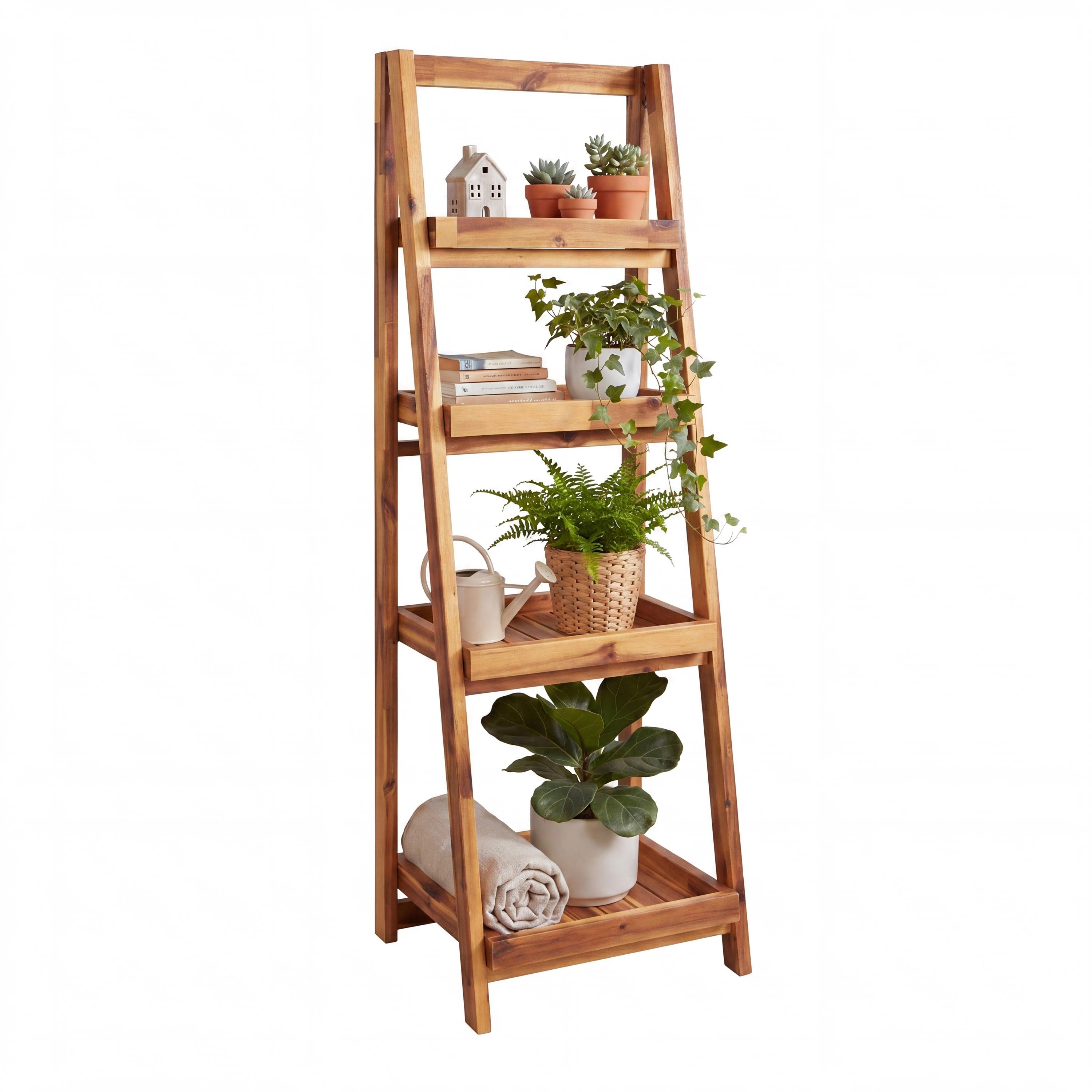 Everett Minimalist Handcrafted Acacia Wood 4-Tier Indoor/Outdoor Folding Display Ladder Storage Rack and Plant Stand