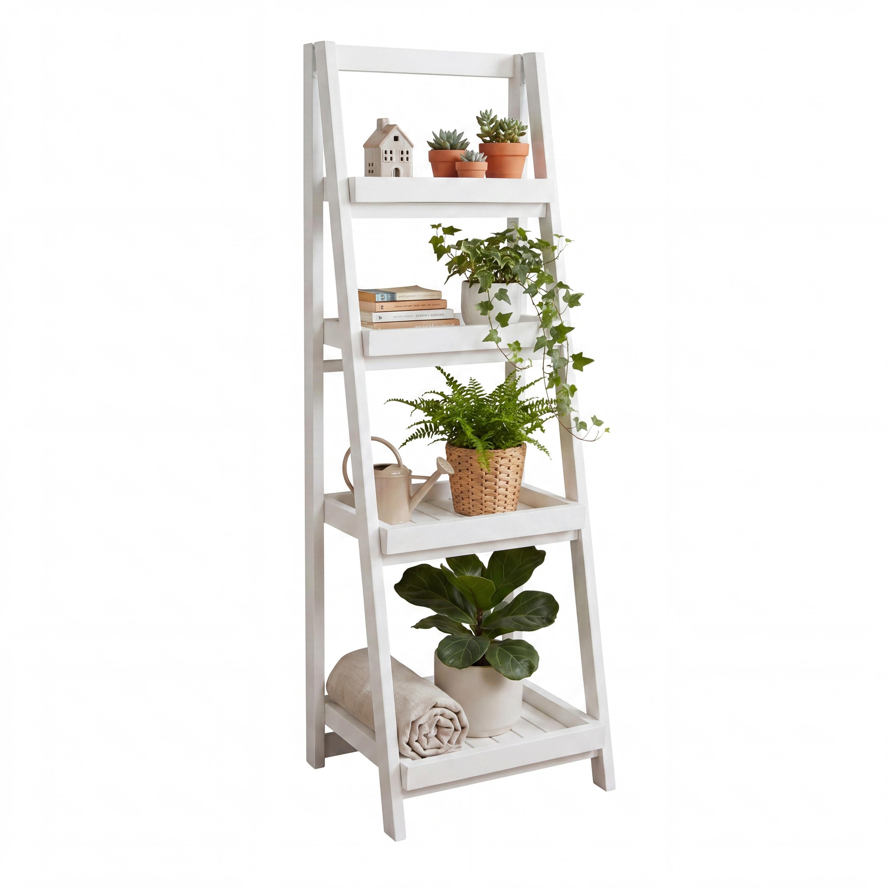 Everett Minimalist Handcrafted Acacia Wood 4-Tier Indoor/Outdoor Folding Display Ladder Storage Rack and Plant Stand