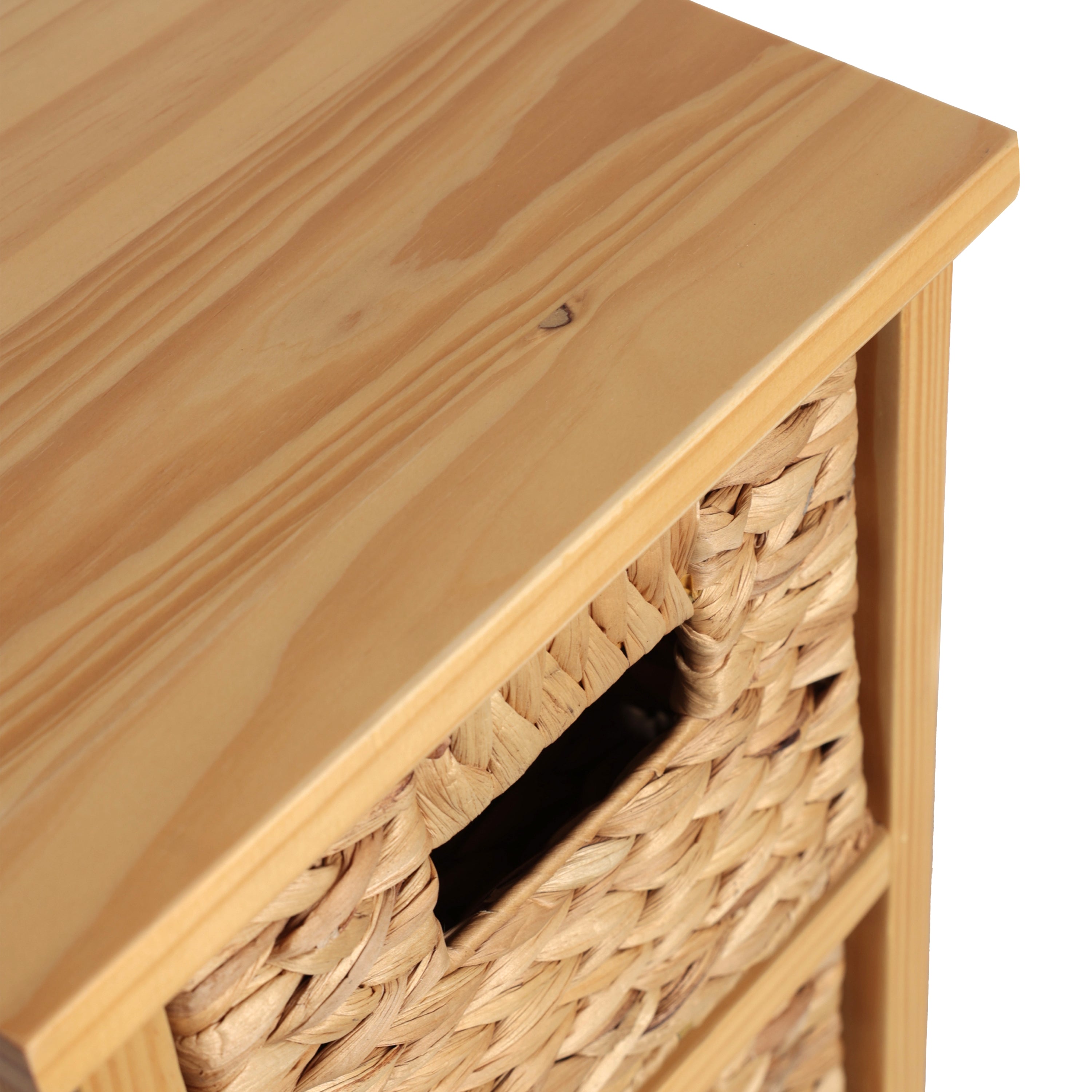 Cohen Coastal Handcrafted Pine Wood 3-Tier Storage Cabinet with 3 Water Hyacinth Woven Baskets