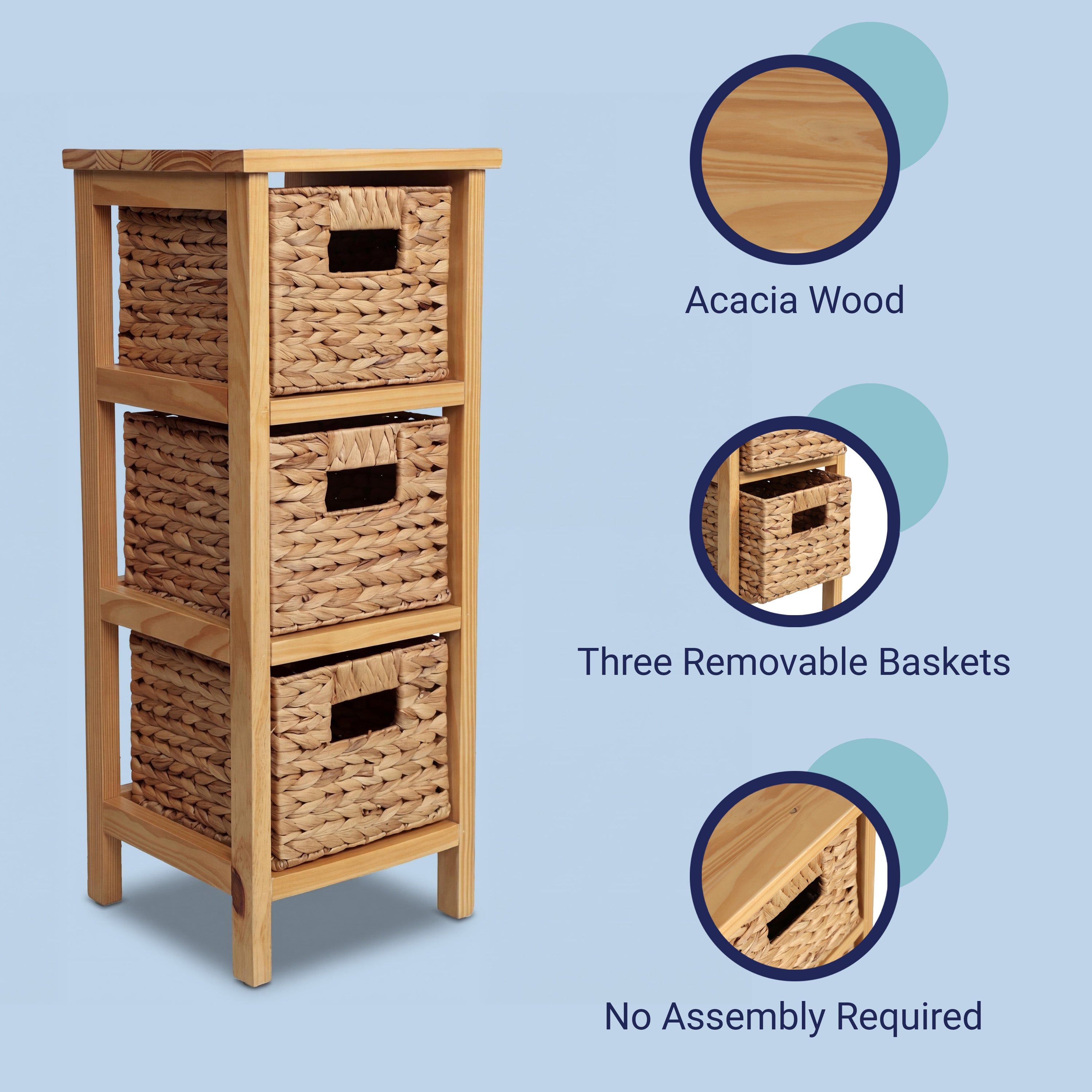 Cohen Coastal Handcrafted Pine Wood 3-Tier Storage Cabinet with 3 Water Hyacinth Woven Baskets