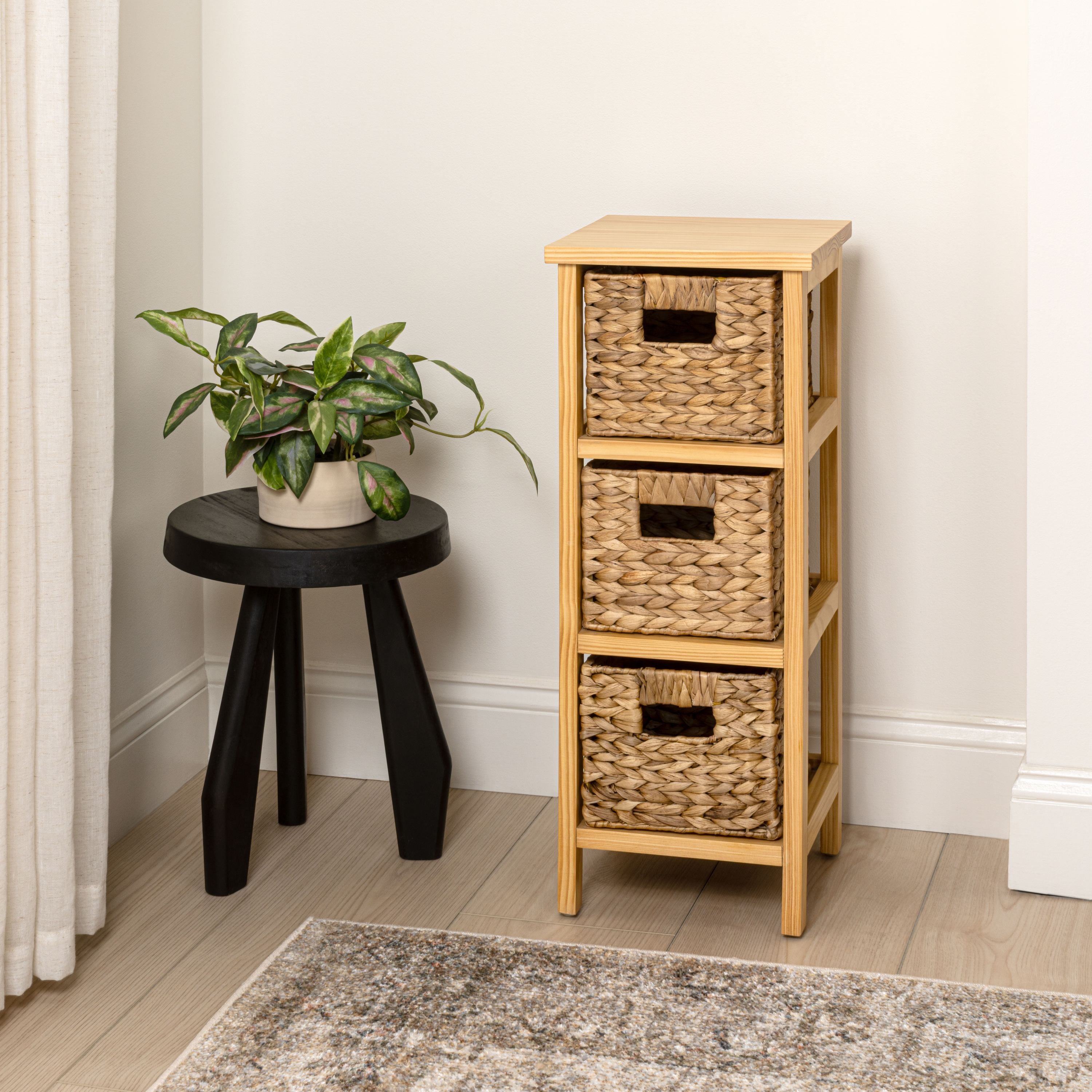 Cohen Coastal Handcrafted Pine Wood 3-Tier Storage Cabinet with 3 Water Hyacinth Woven Baskets
