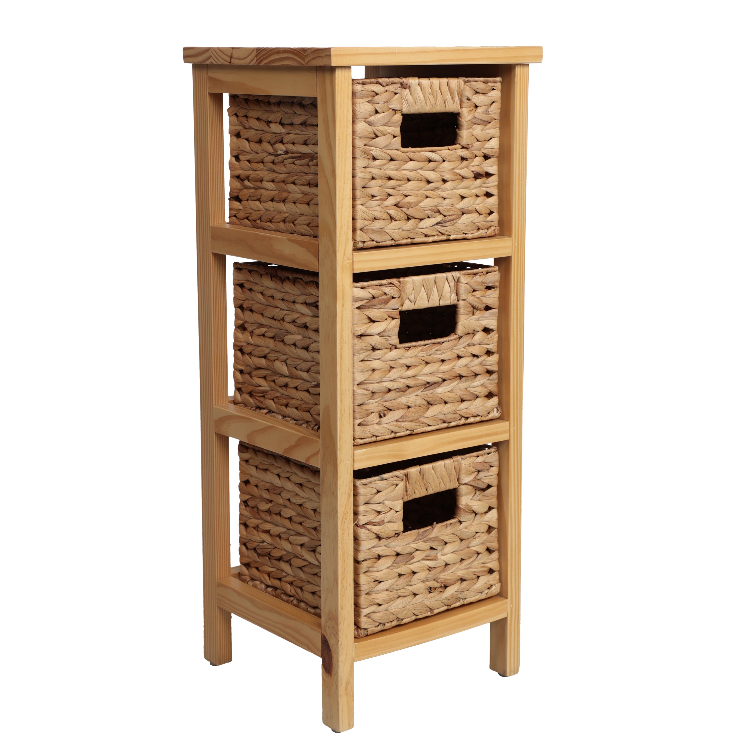 Cohen Coastal Handcrafted Pine Wood 3-Tier Storage Cabinet with 3 Water Hyacinth Woven Baskets