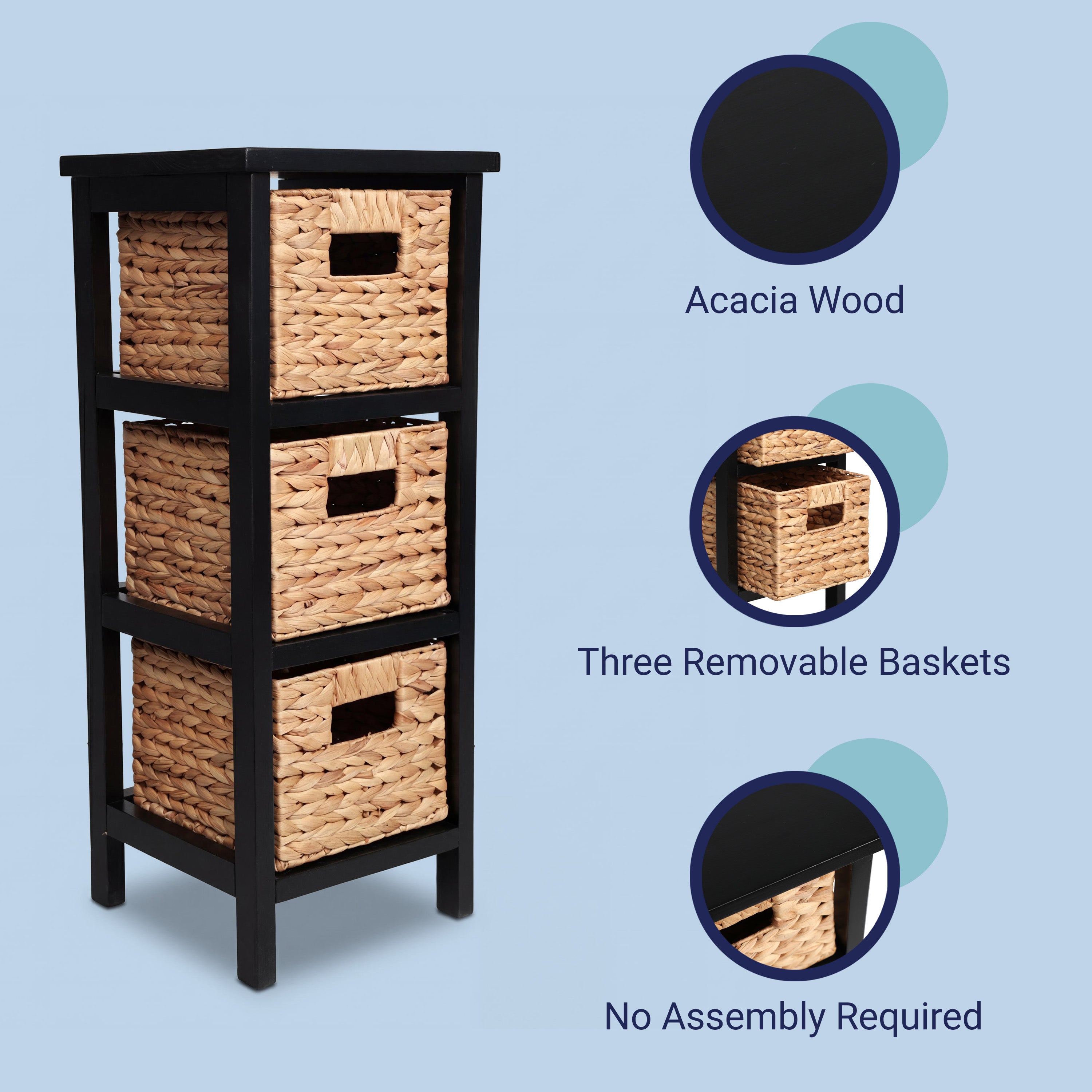 Cohen Coastal Handcrafted Pine Wood 3-Tier Storage Cabinet with 3 Water Hyacinth Woven Baskets