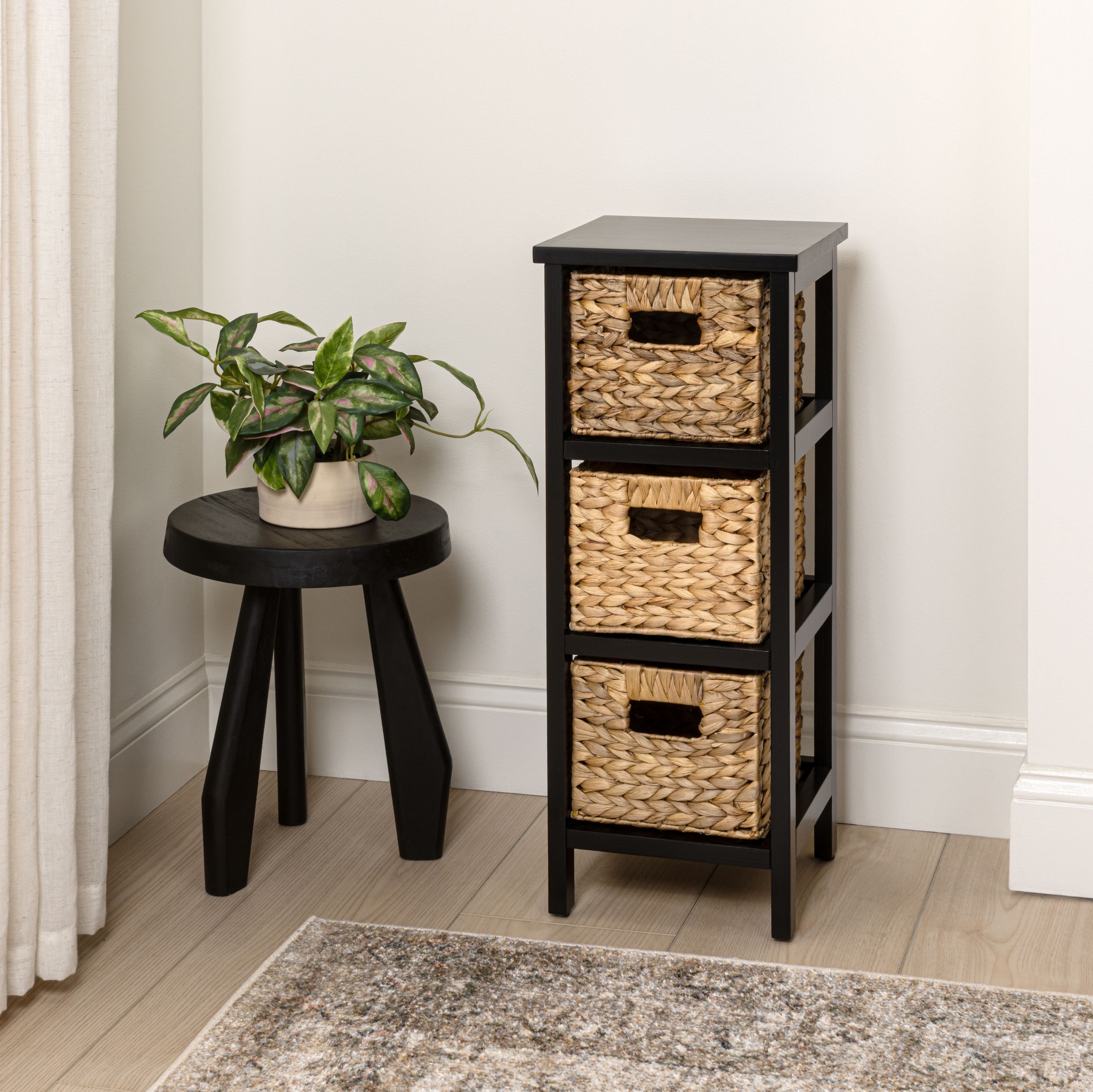 Cohen Coastal Handcrafted Pine Wood 3-Tier Storage Cabinet with 3 Water Hyacinth Woven Baskets
