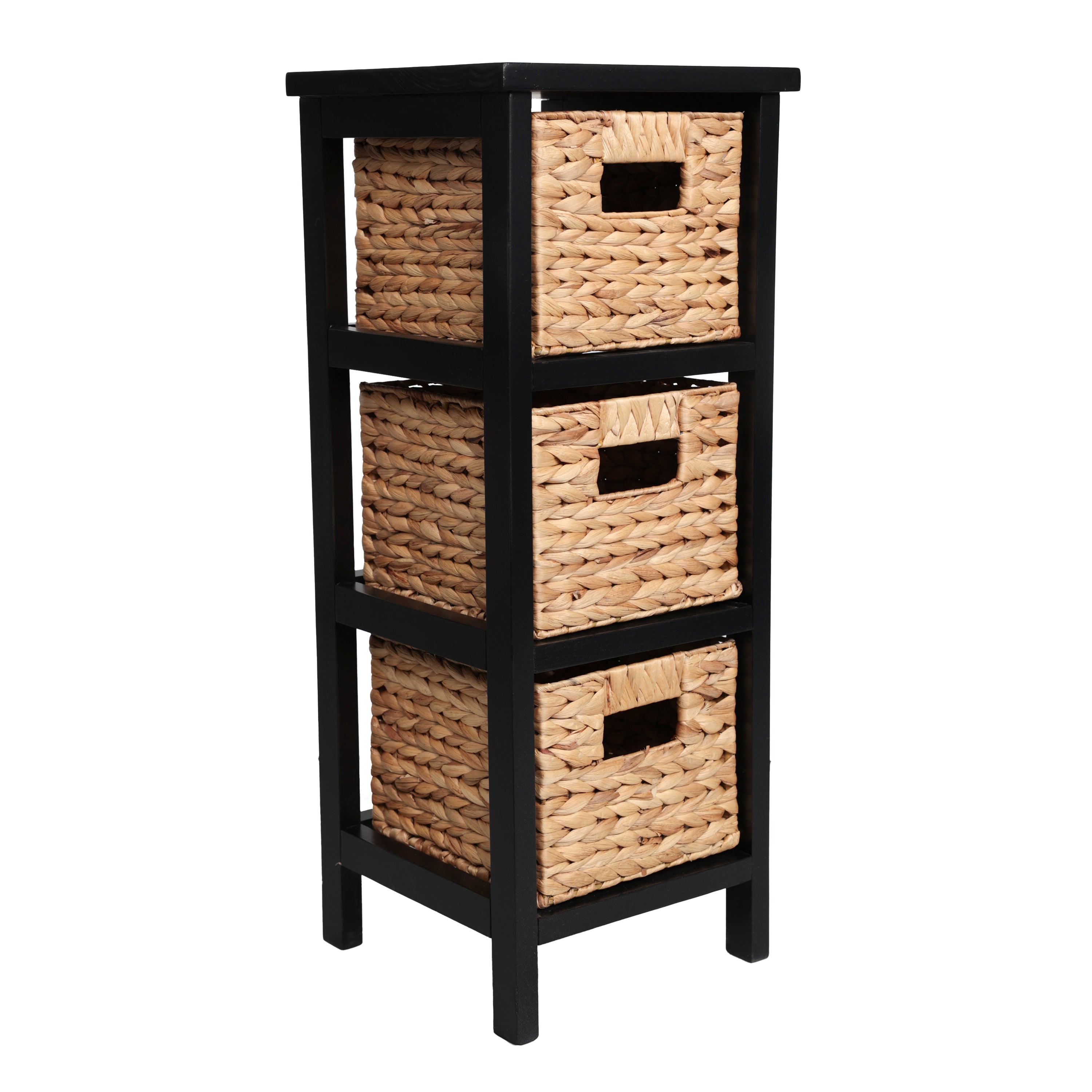 Cohen Coastal Handcrafted Pine Wood 3-Tier Storage Cabinet with 3 Water Hyacinth Woven Baskets