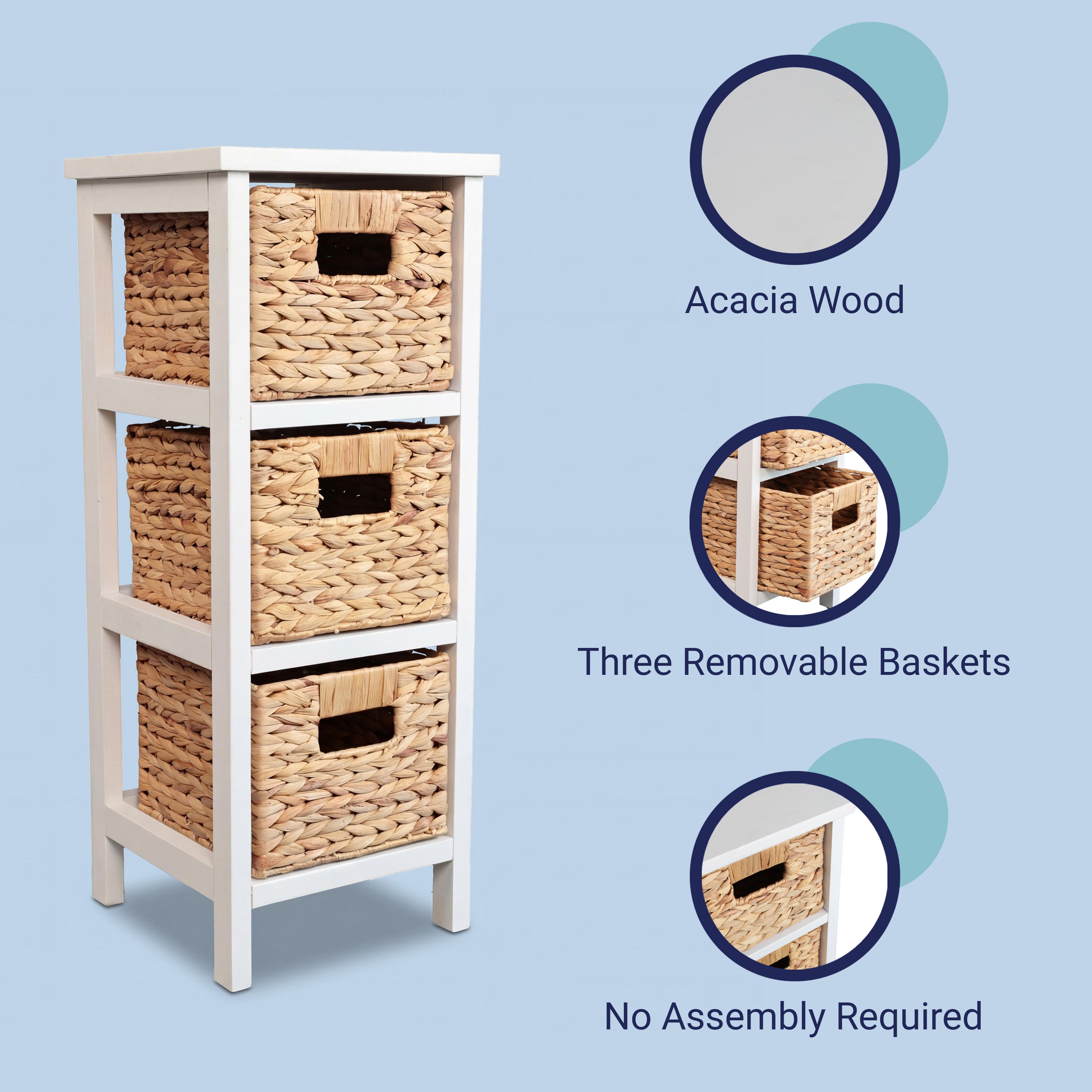 Cohen Coastal Handcrafted Pine Wood 3-Tier Storage Cabinet with 3 Water Hyacinth Woven Baskets