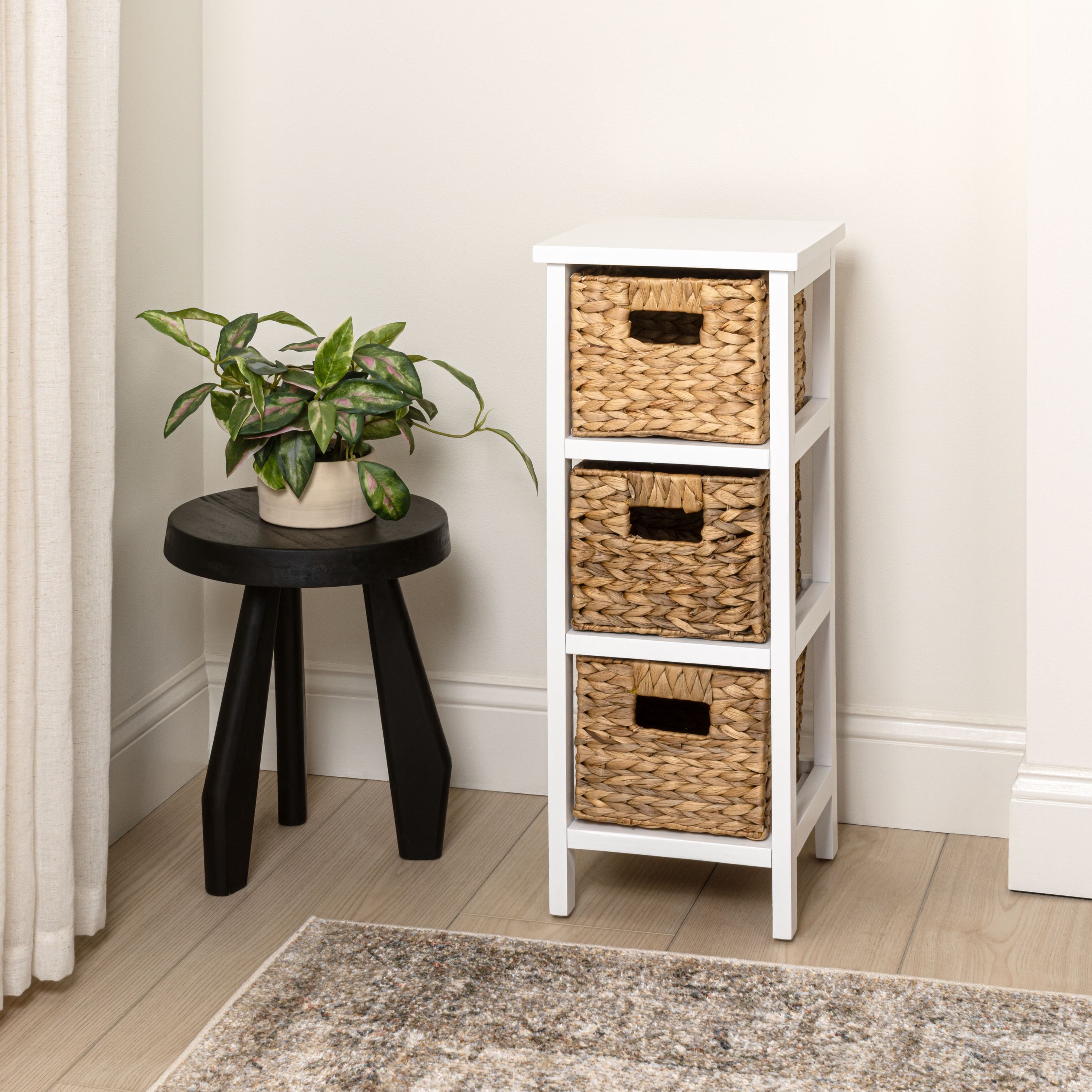 Cohen Coastal Handcrafted Pine Wood 3-Tier Storage Cabinet with 3 Water Hyacinth Woven Baskets