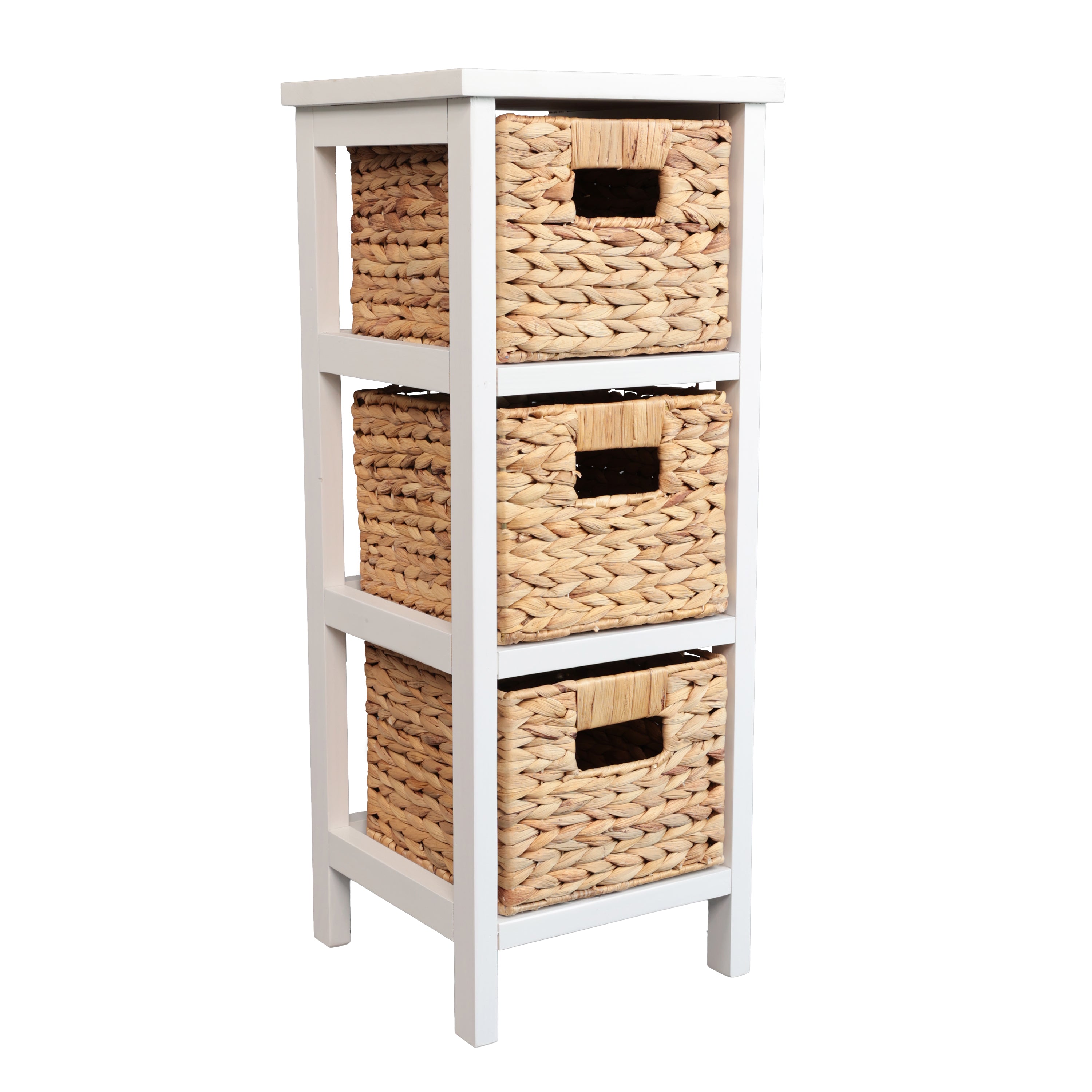 Cohen Coastal Handcrafted Pine Wood 3-Tier Storage Cabinet with 3 Water Hyacinth Woven Baskets