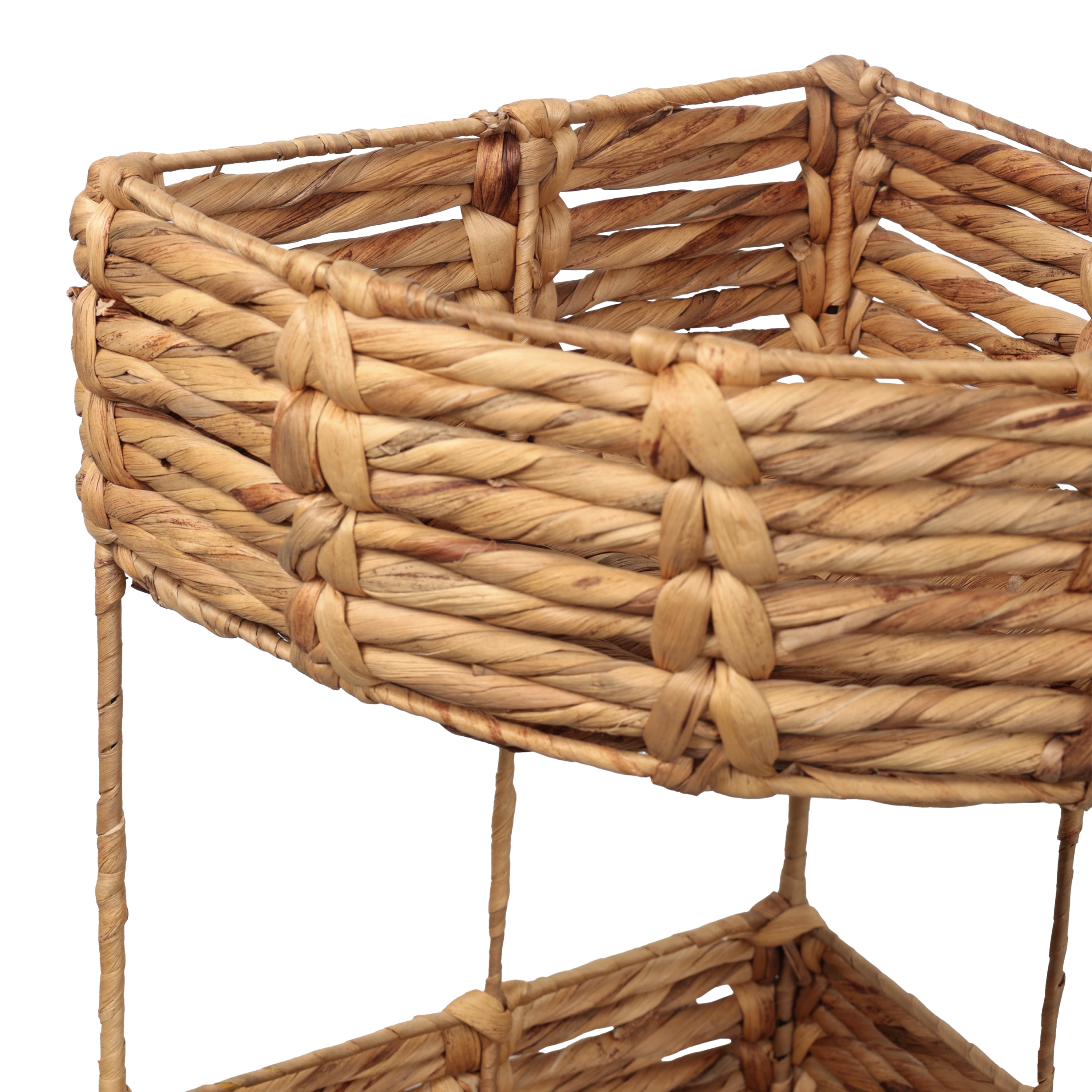 Lavish Coastal Handwoven Water Hyacinth 3-Tier Corner Freestanding Storage Rack with Metal Frame