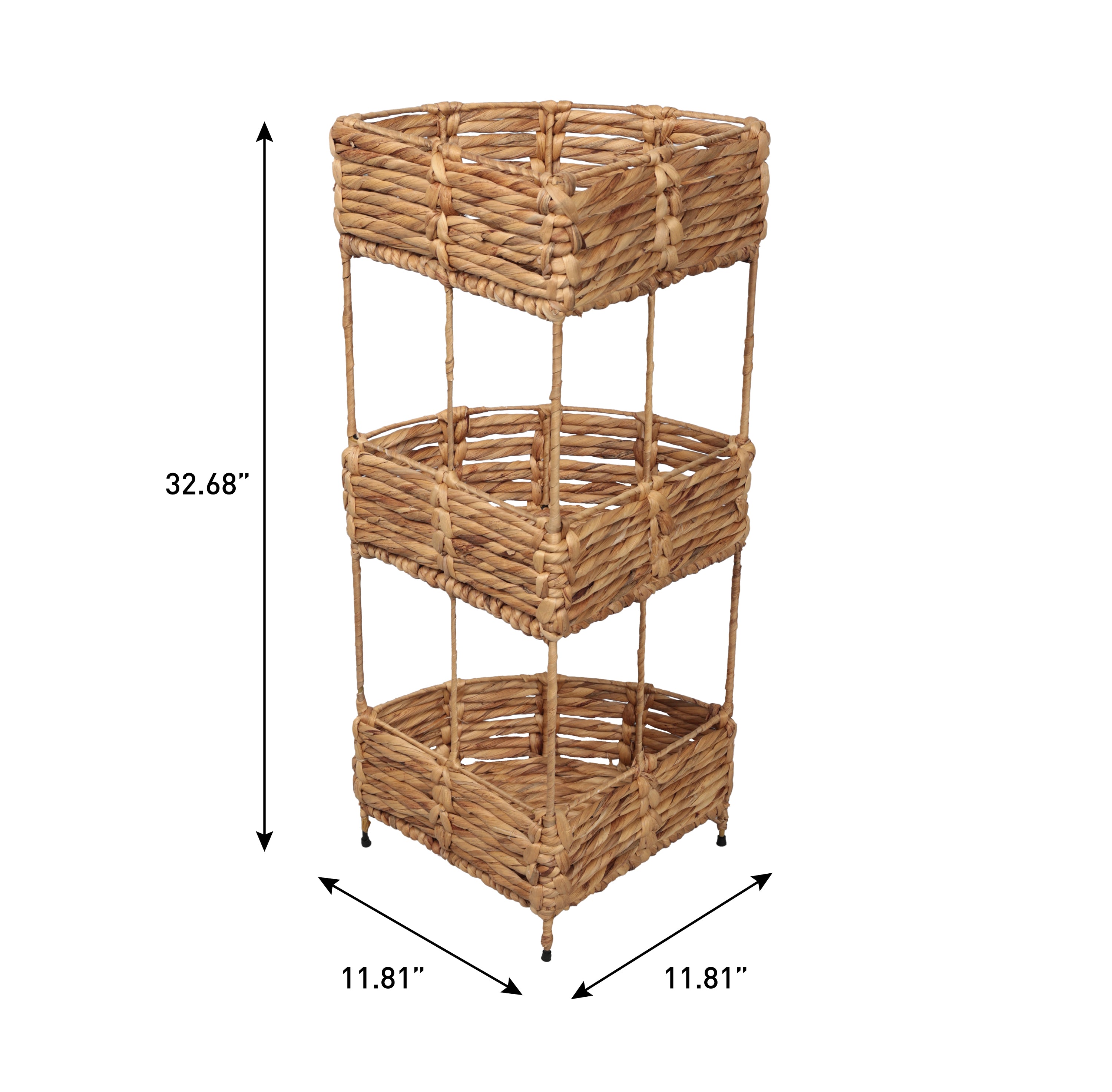 Lavish Coastal Handwoven Water Hyacinth 3-Tier Corner Freestanding Storage Rack with Metal Frame