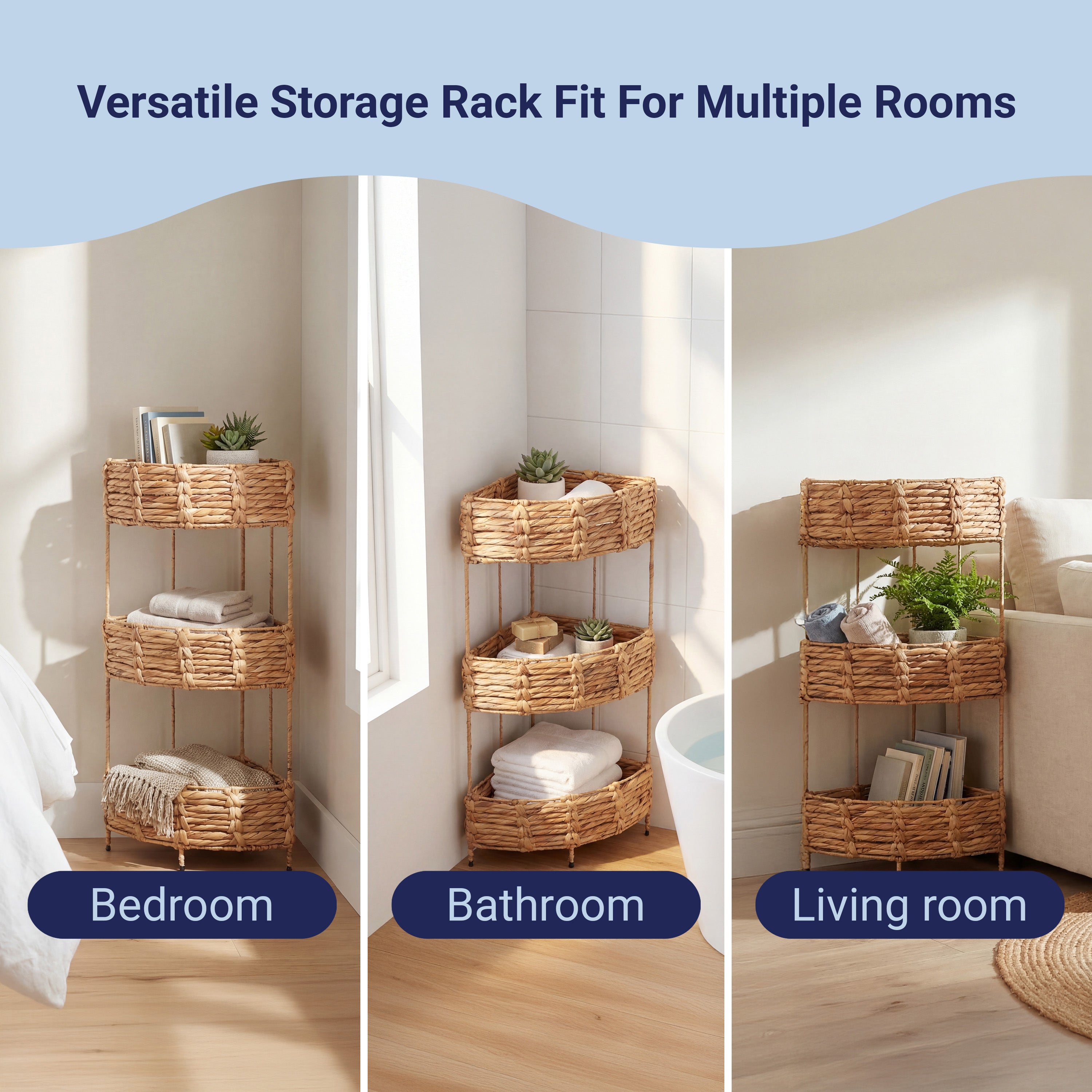 Lavish Coastal Handwoven Water Hyacinth 3-Tier Corner Freestanding Storage Rack with Metal Frame