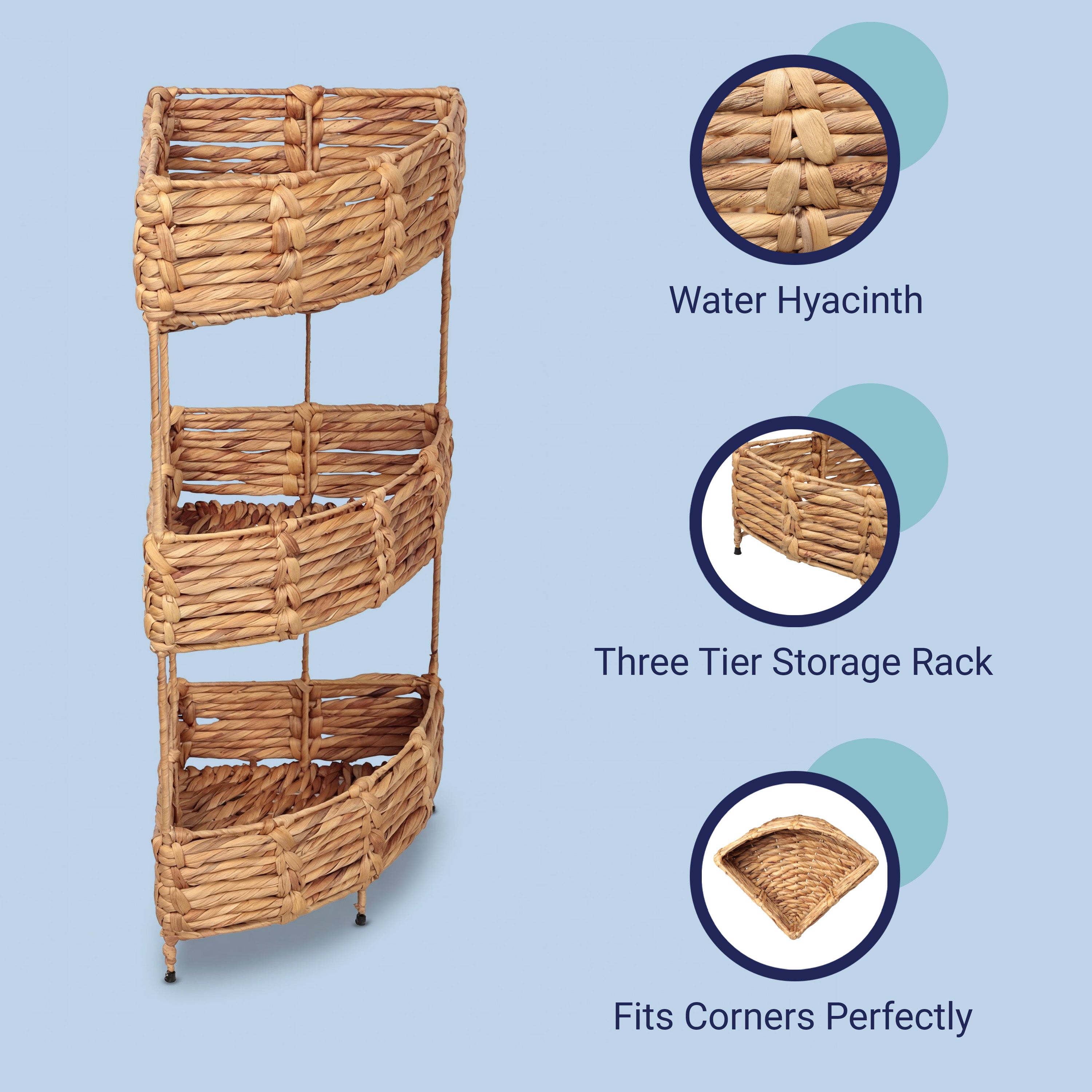 Lavish Coastal Handwoven Water Hyacinth 3-Tier Corner Freestanding Storage Rack with Metal Frame