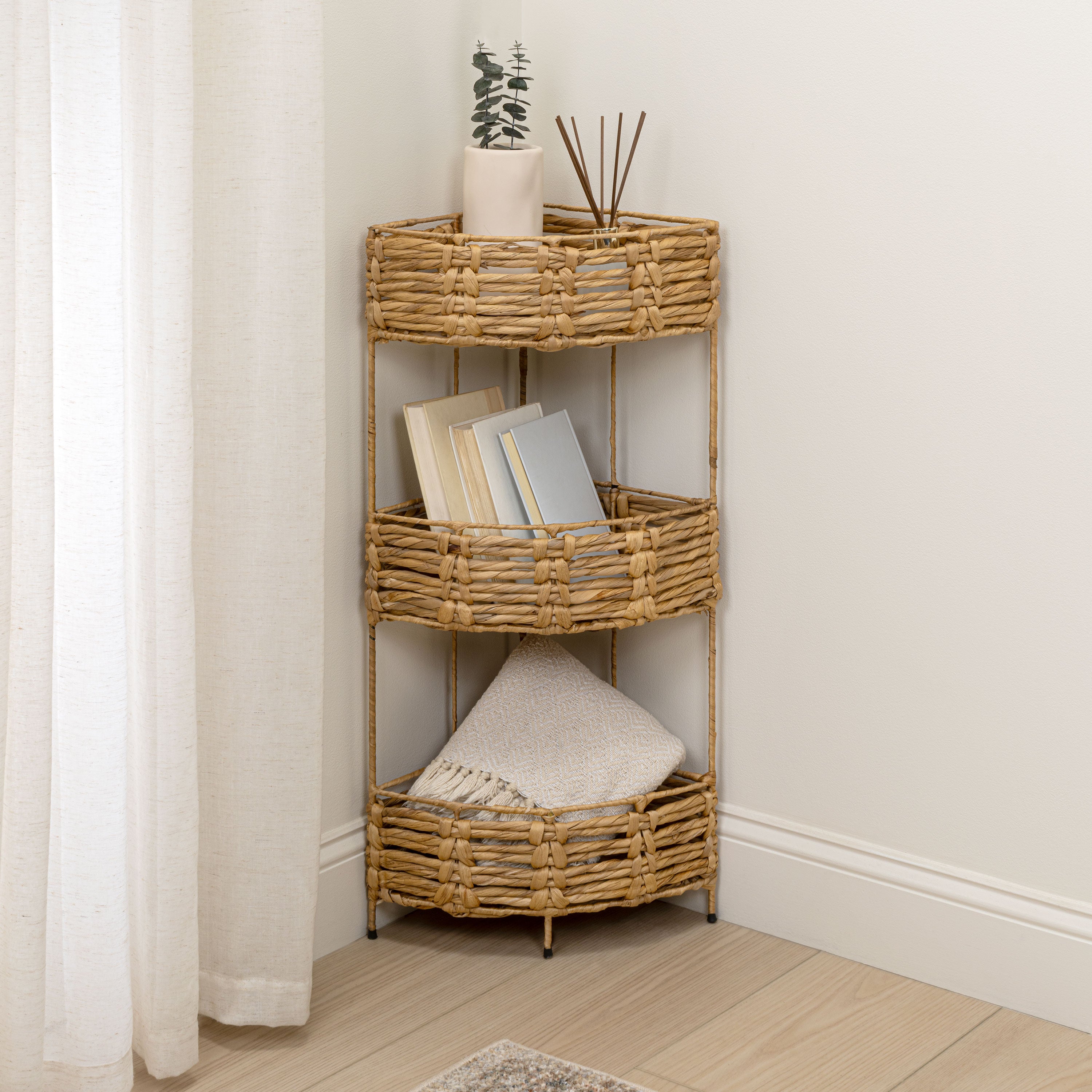 Lavish Coastal Handwoven Water Hyacinth 3-Tier Corner Freestanding Storage Rack with Metal Frame