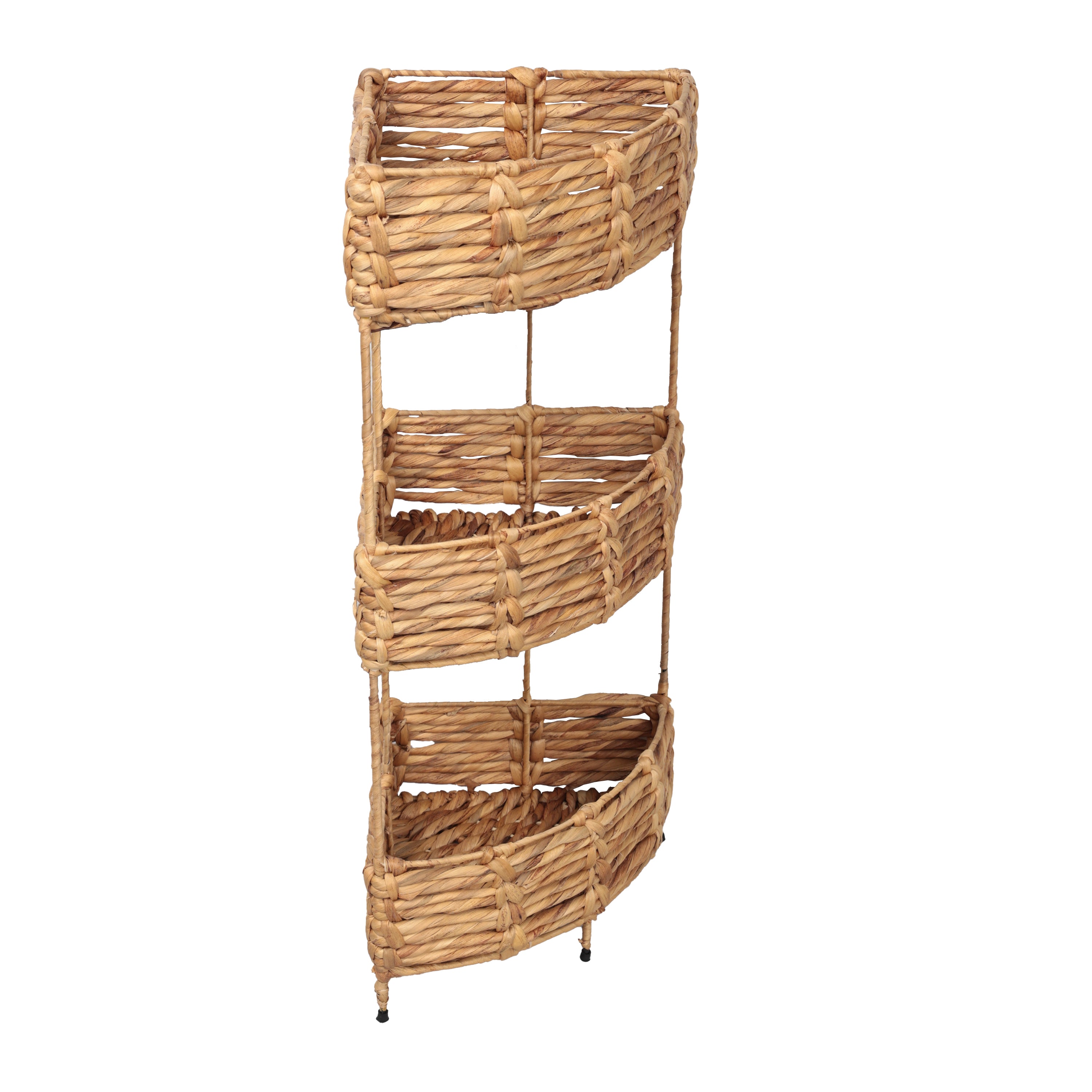 Lavish Coastal Handwoven Water Hyacinth 3-Tier Corner Freestanding Storage Rack with Metal Frame
