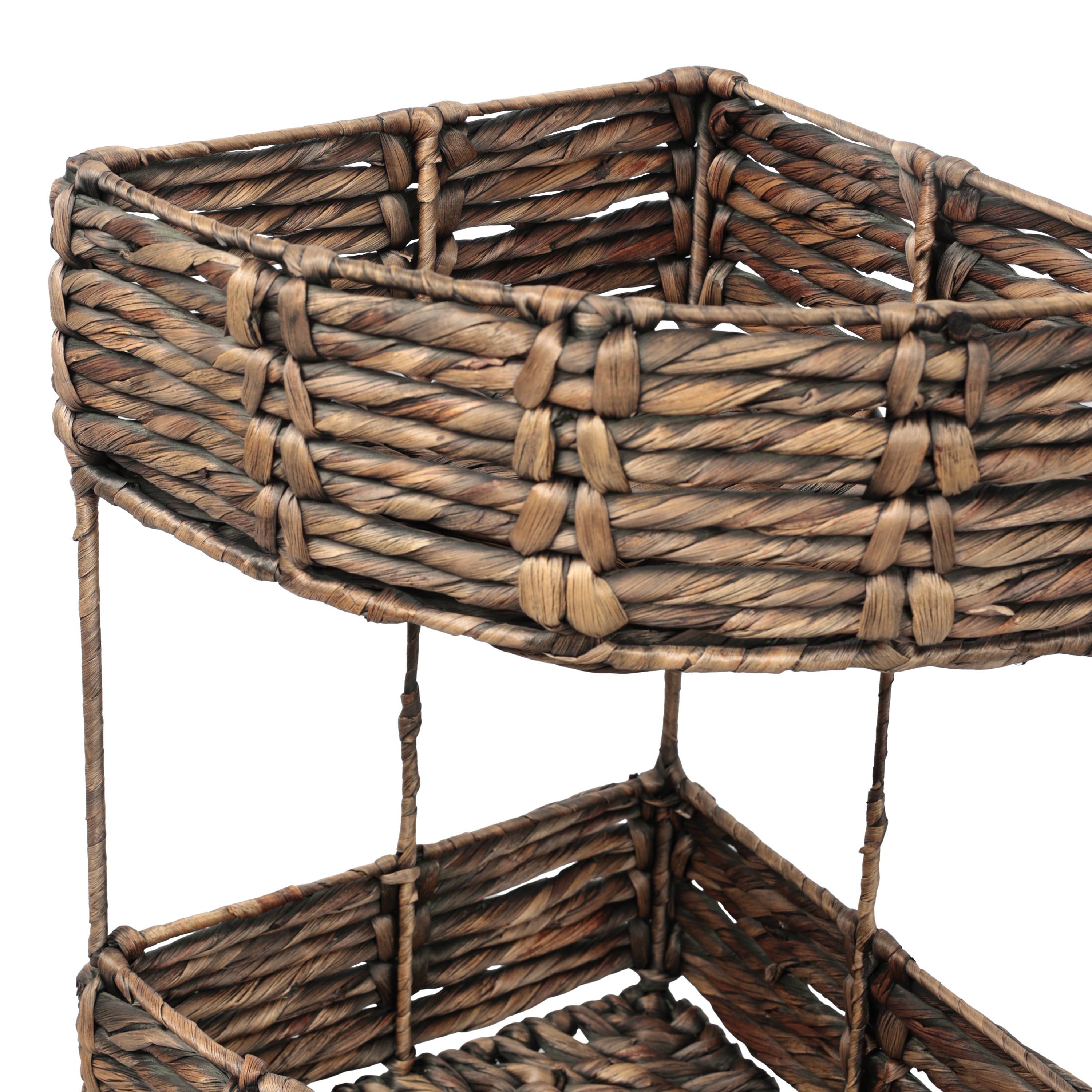 Lavish Coastal Handwoven Water Hyacinth 3-Tier Corner Freestanding Storage Rack with Metal Frame