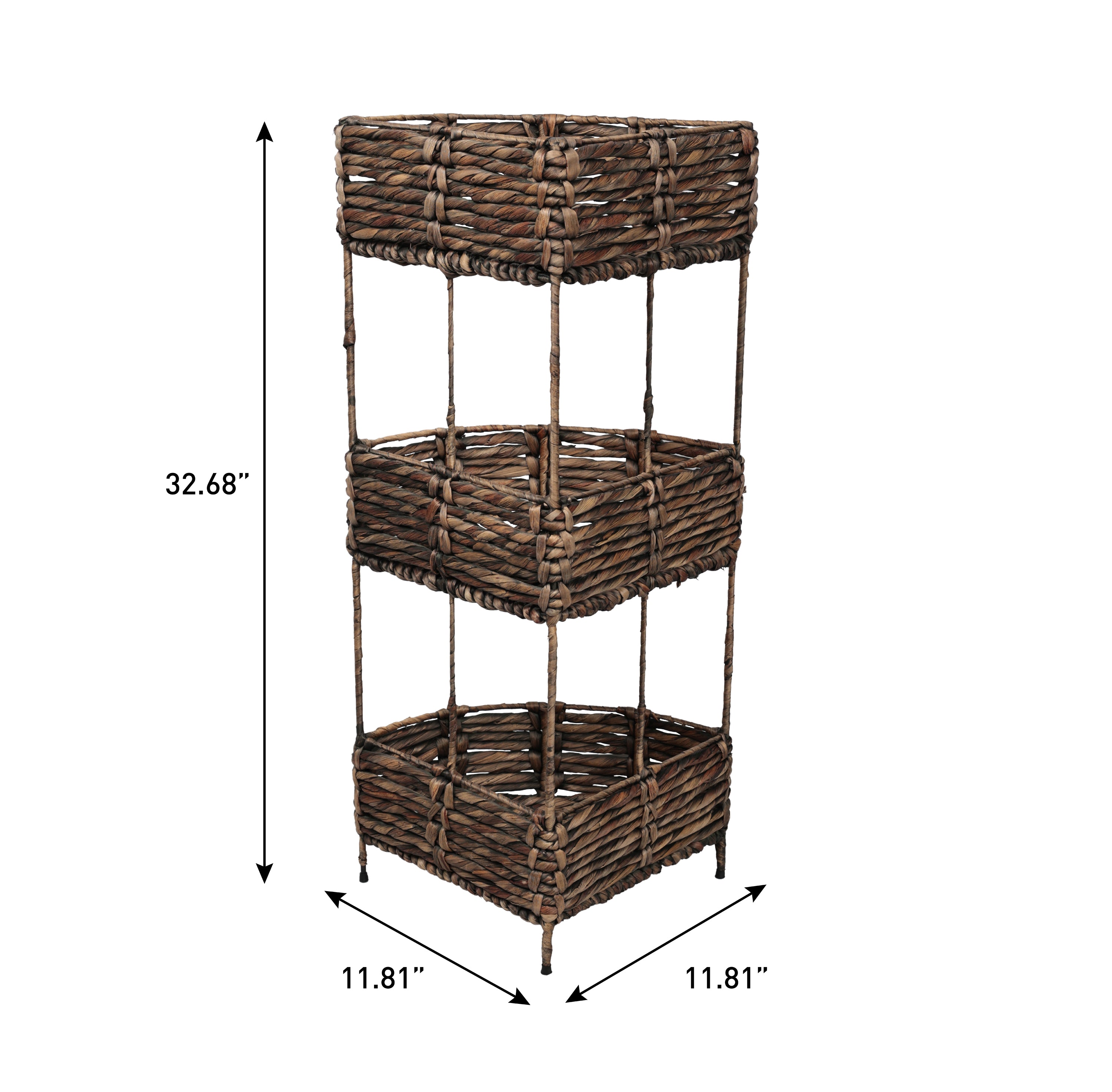 Lavish Coastal Handwoven Water Hyacinth 3-Tier Corner Freestanding Storage Rack with Metal Frame