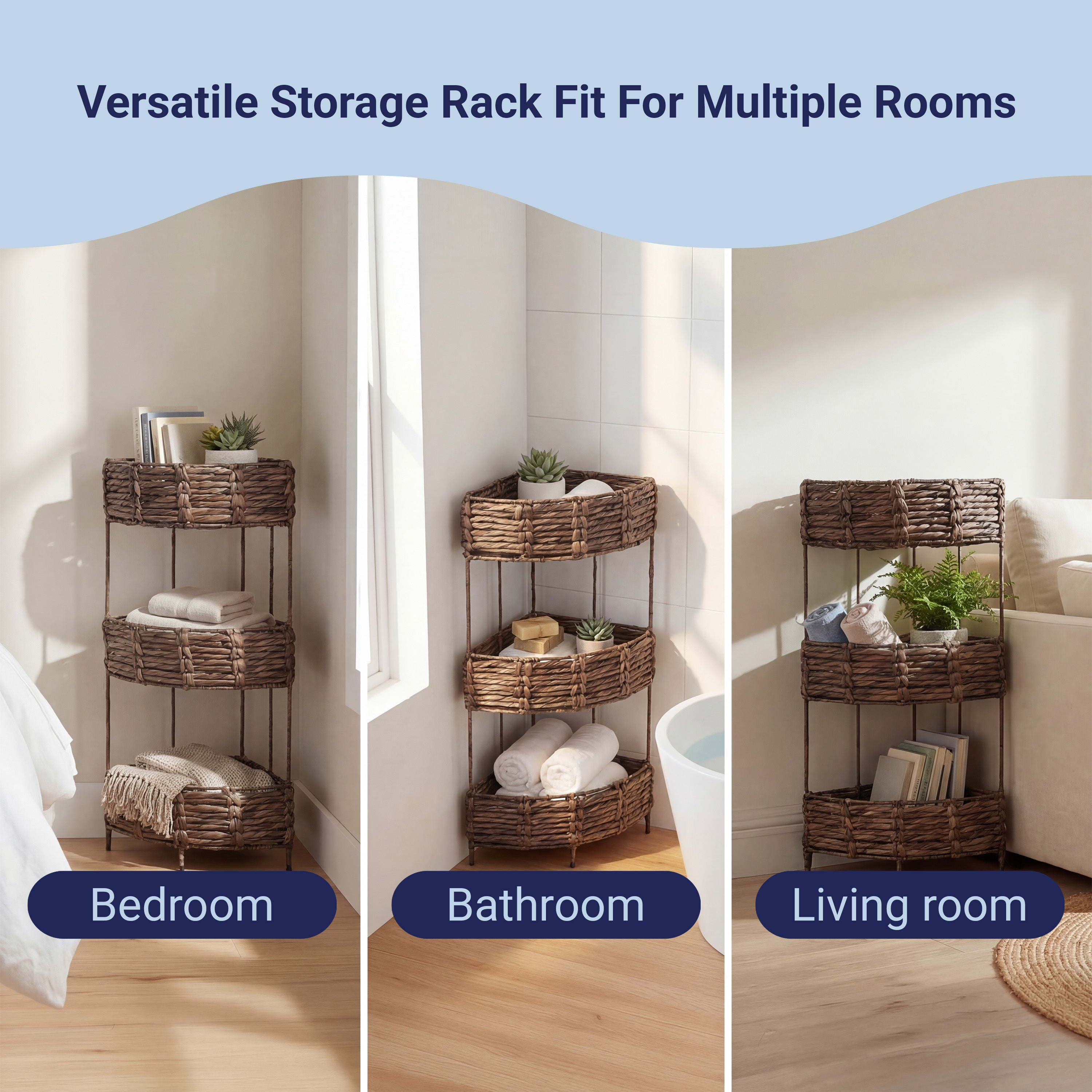 Lavish Coastal Handwoven Water Hyacinth 3-Tier Corner Freestanding Storage Rack with Metal Frame