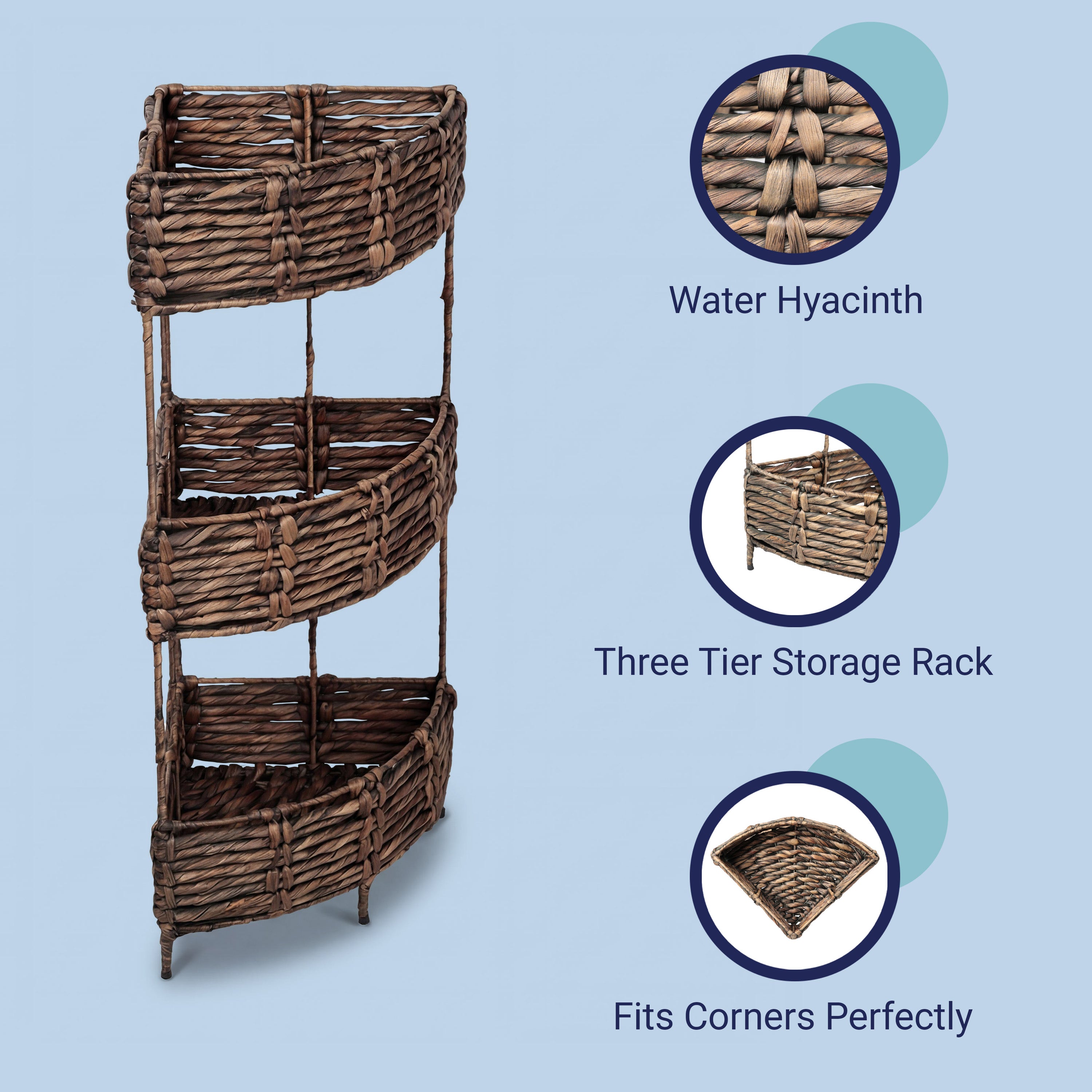 Lavish Coastal Handwoven Water Hyacinth 3-Tier Corner Freestanding Storage Rack with Metal Frame