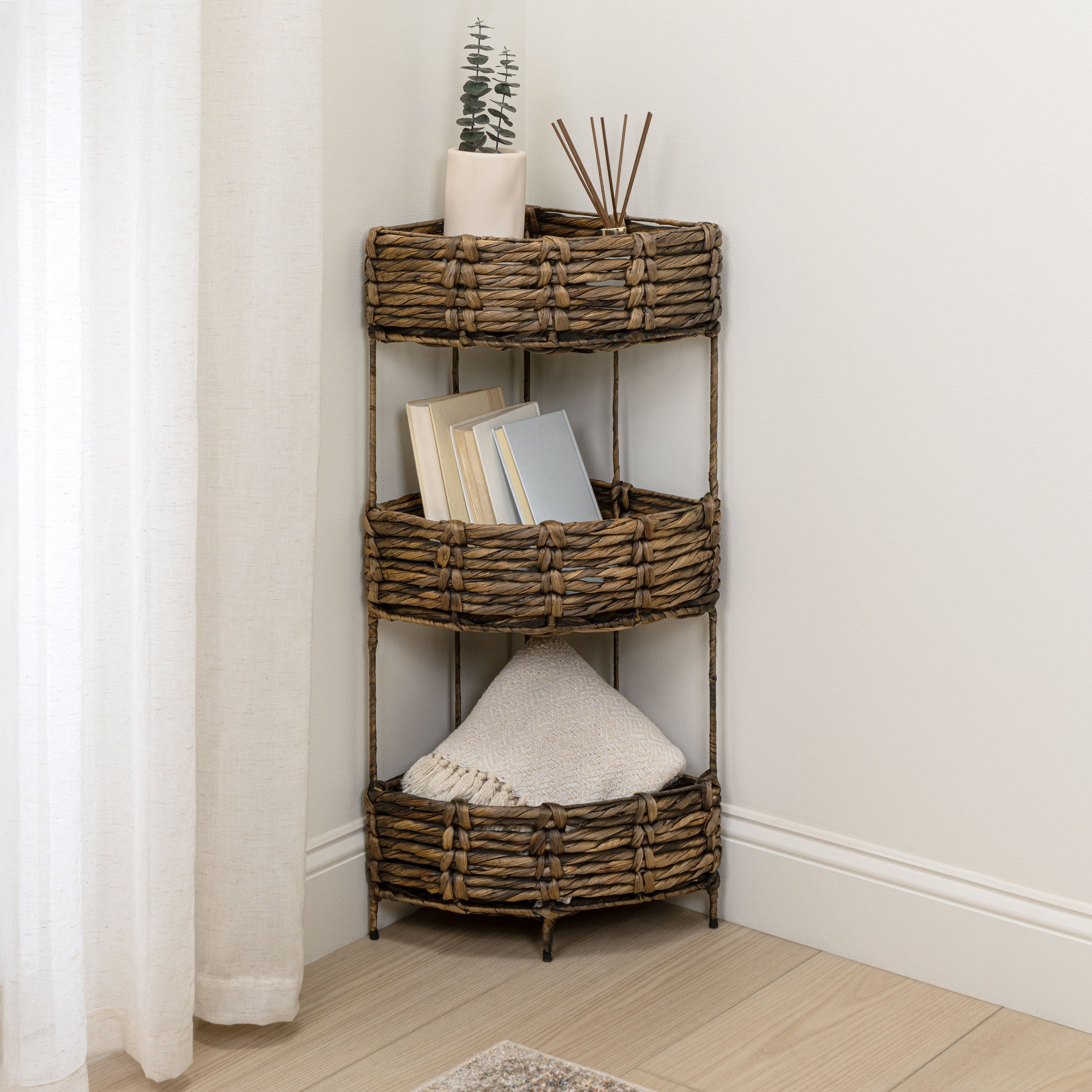Lavish Coastal Handwoven Water Hyacinth 3-Tier Corner Freestanding Storage Rack with Metal Frame