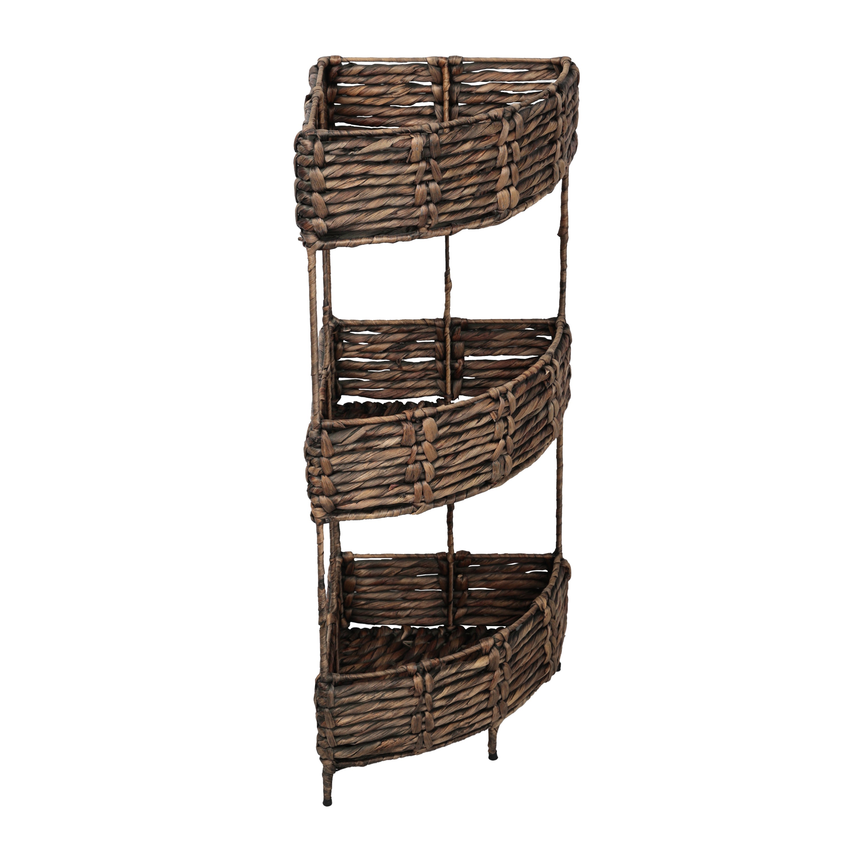 Lavish Coastal Handwoven Water Hyacinth 3-Tier Corner Freestanding Storage Rack with Metal Frame