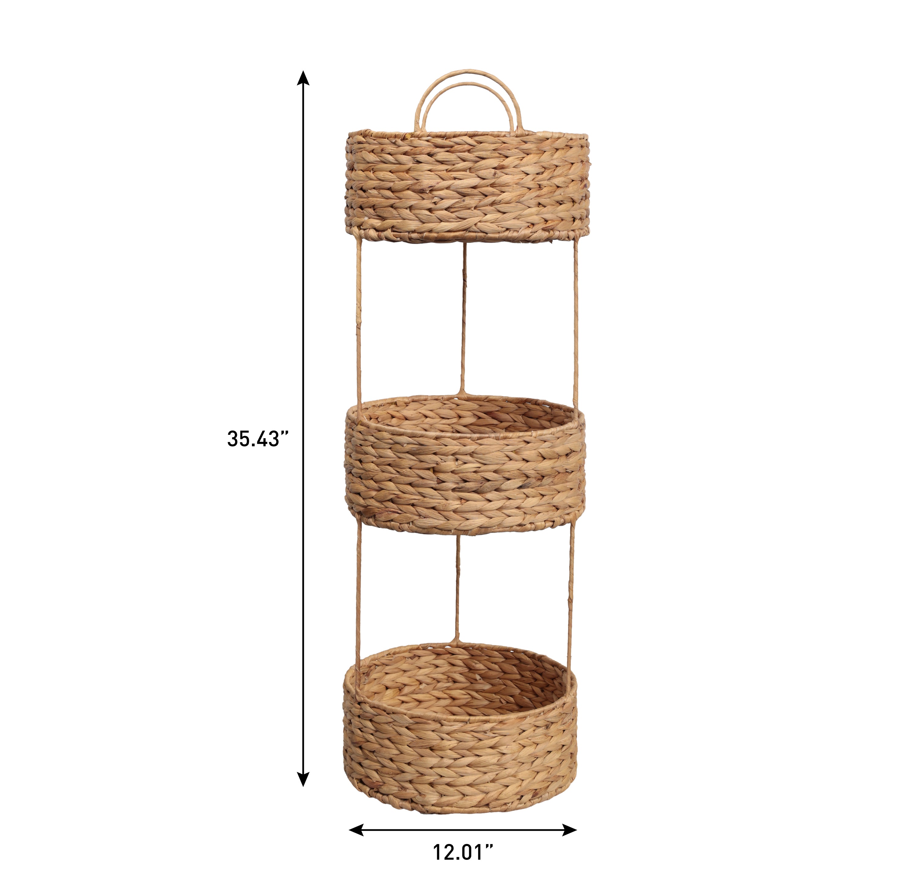Levity Coastal Handwoven Water Hyacinth 3-Tier Round Freestanding Storage Rack with Metal Frame and Handles