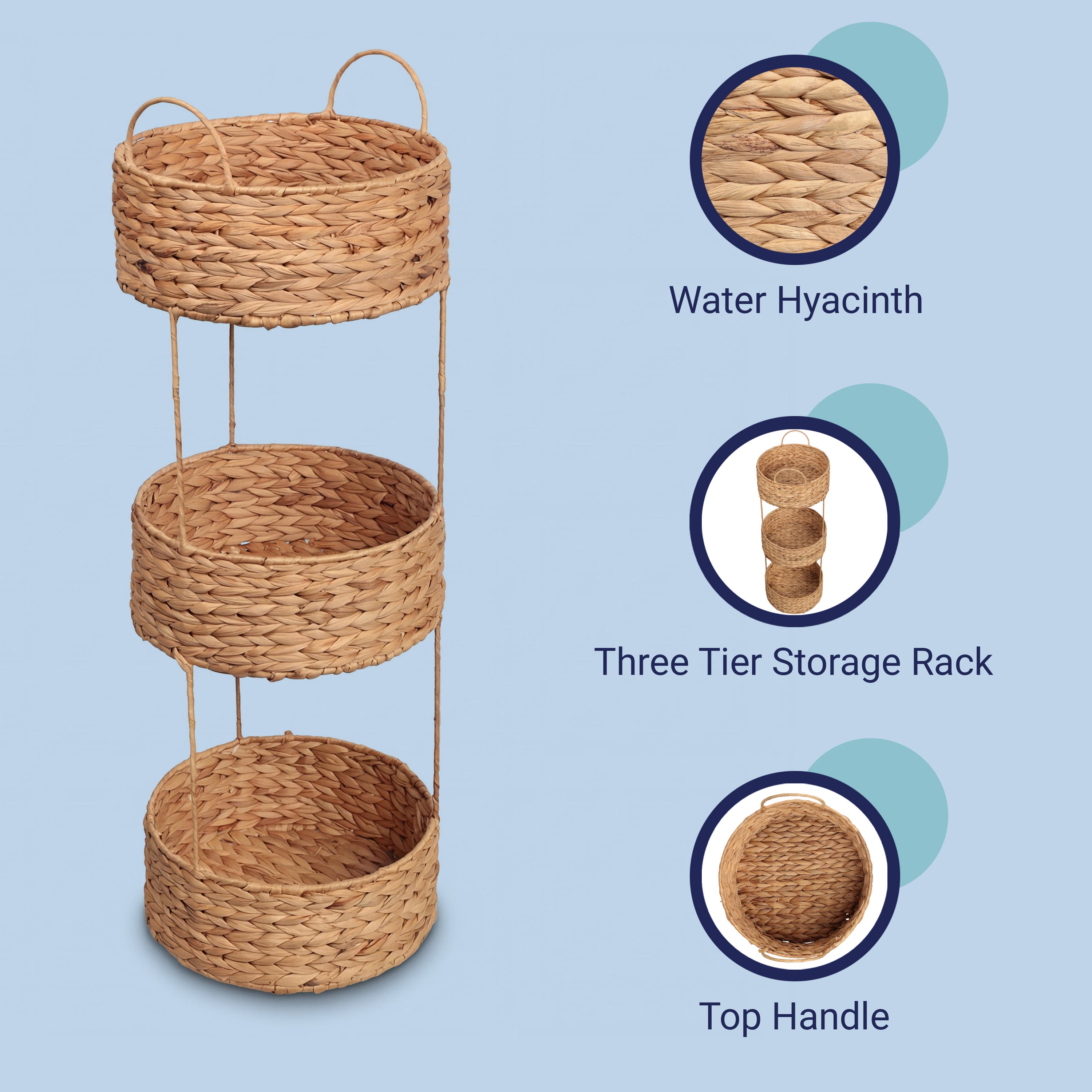 Levity Coastal Handwoven Water Hyacinth 3-Tier Round Freestanding Storage Rack with Metal Frame and Handles