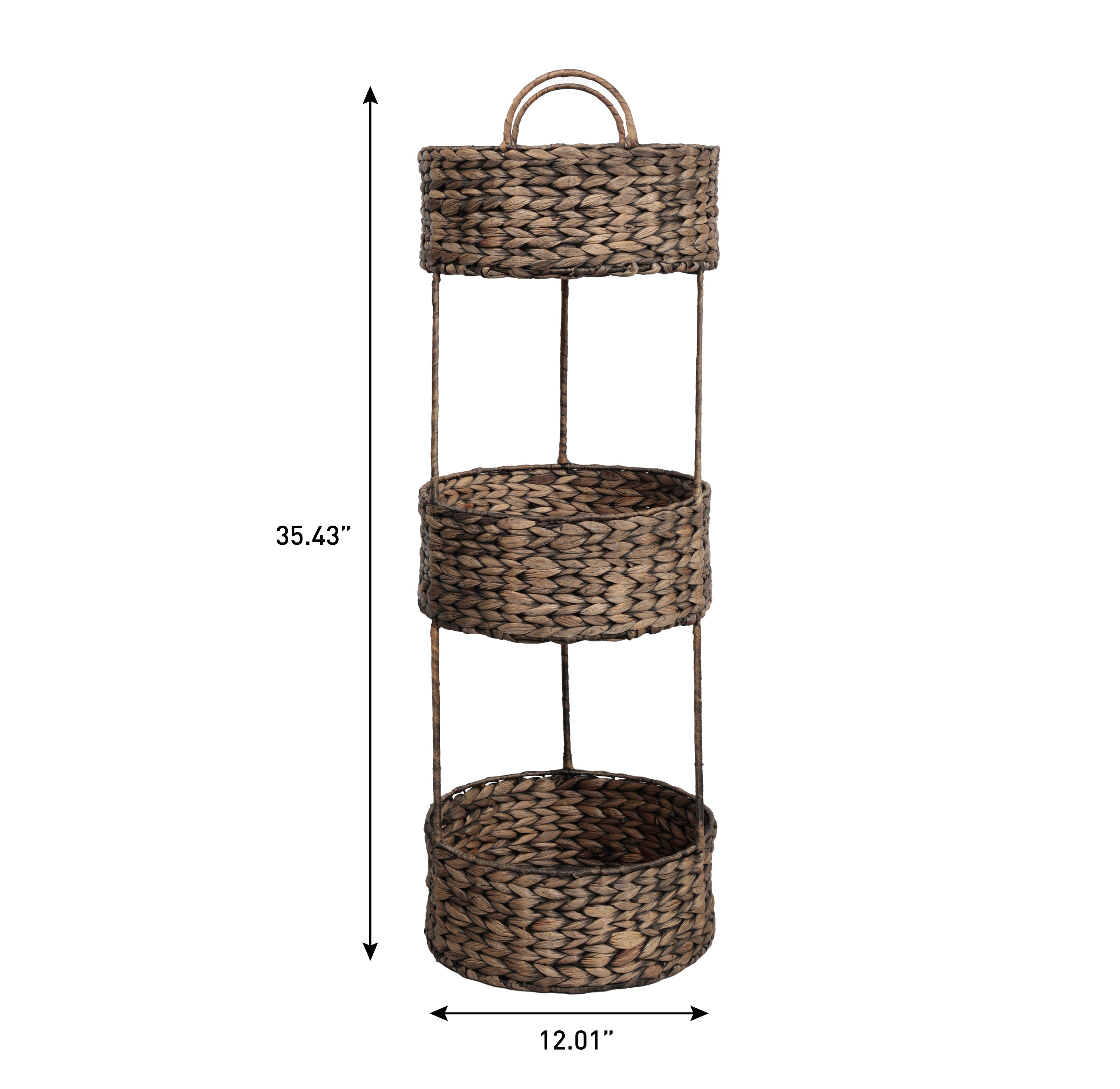 Levity Coastal Handwoven Water Hyacinth 3-Tier Round Freestanding Storage Rack with Metal Frame and Handles