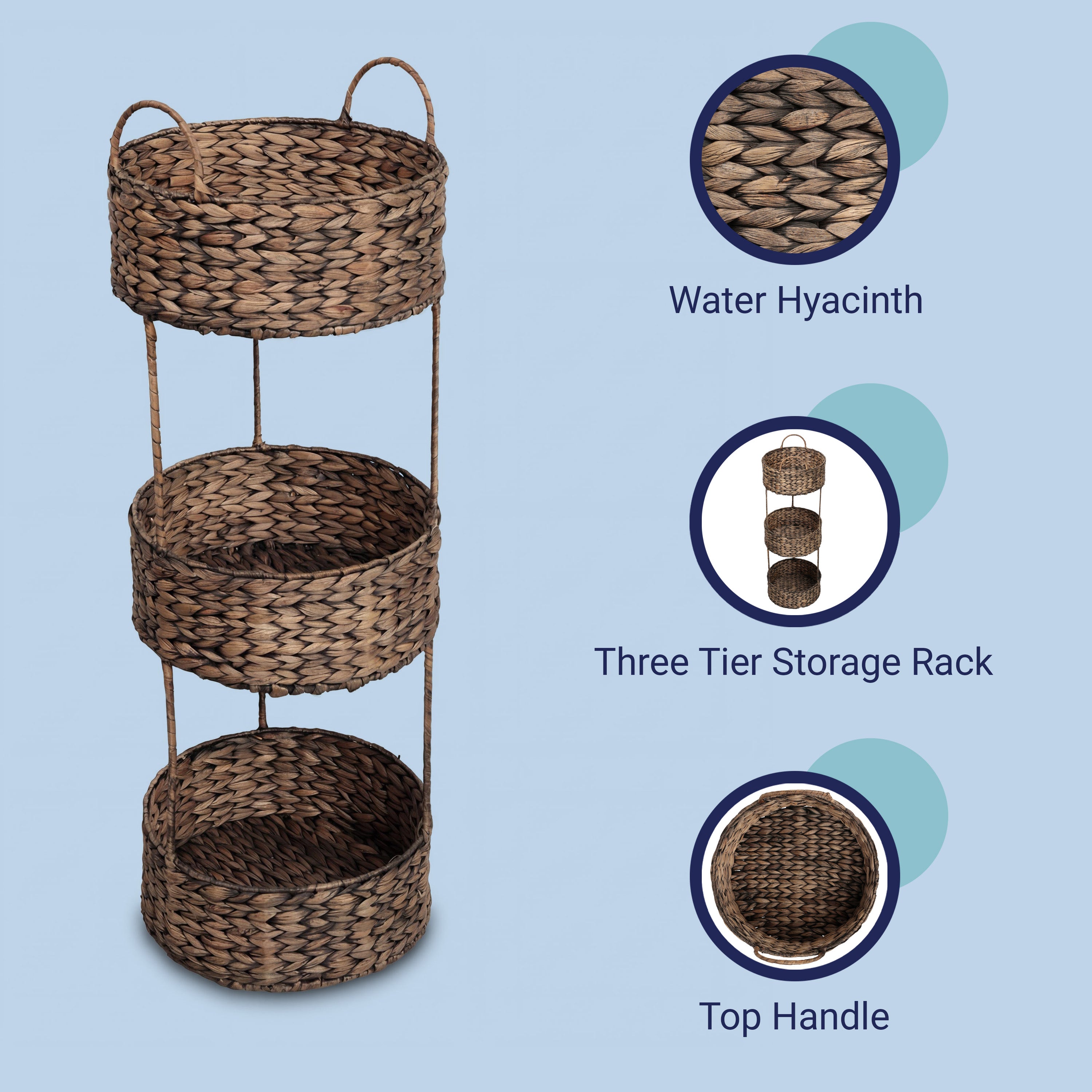 Levity Coastal Handwoven Water Hyacinth 3-Tier Round Freestanding Storage Rack with Metal Frame and Handles