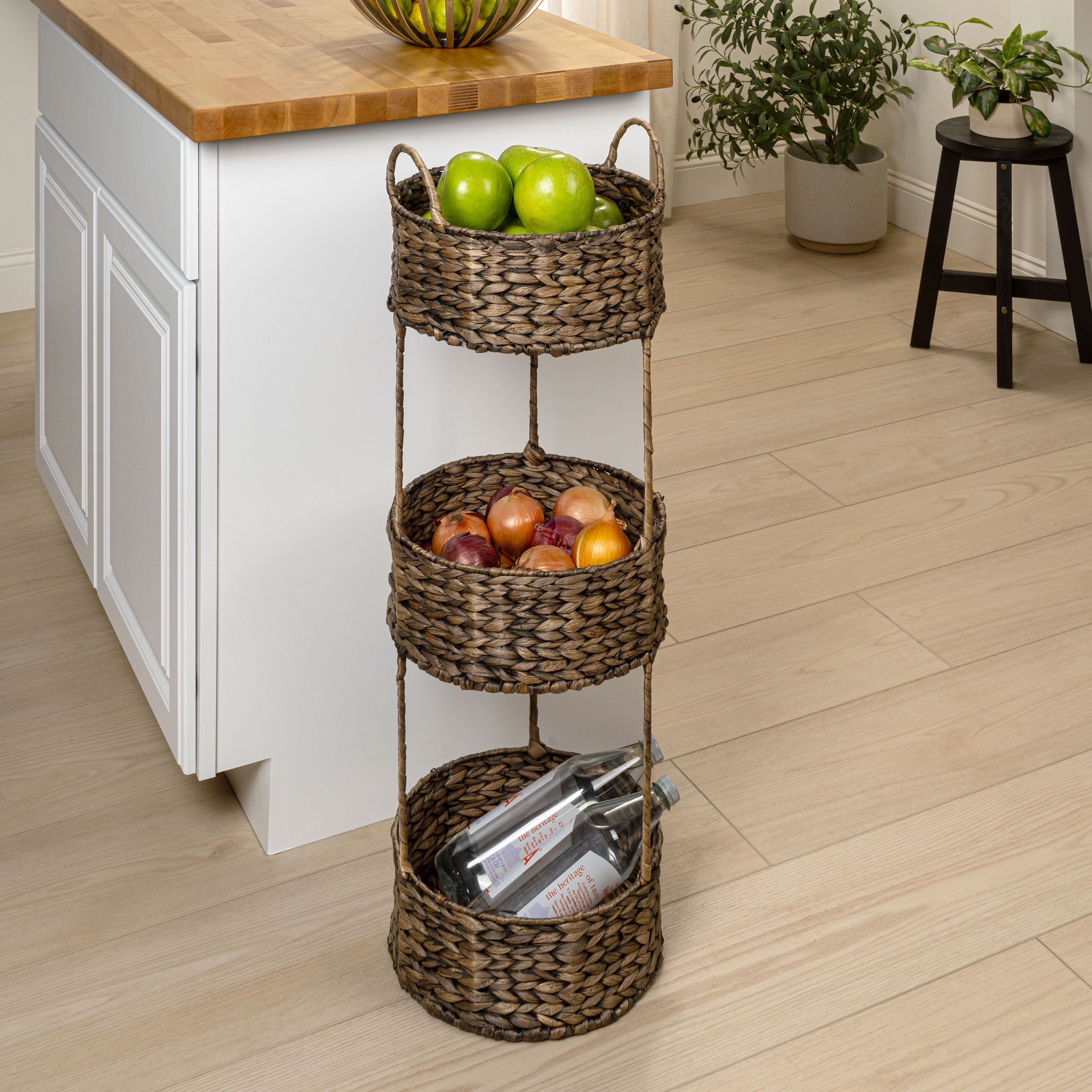 Levity Coastal Handwoven Water Hyacinth 3-Tier Round Freestanding Storage Rack with Metal Frame and Handles