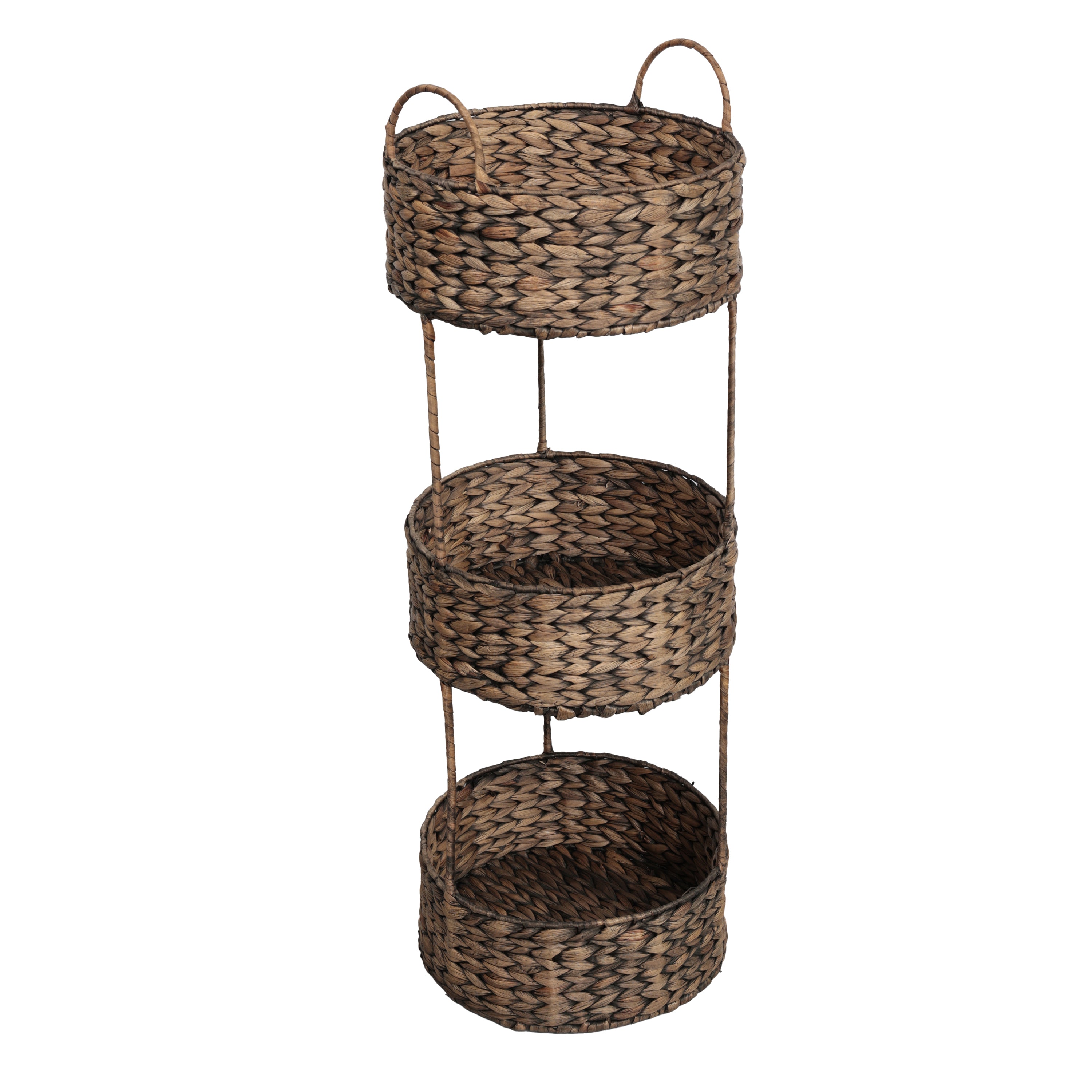 Levity Coastal Handwoven Water Hyacinth 3-Tier Round Freestanding Storage Rack with Metal Frame and Handles