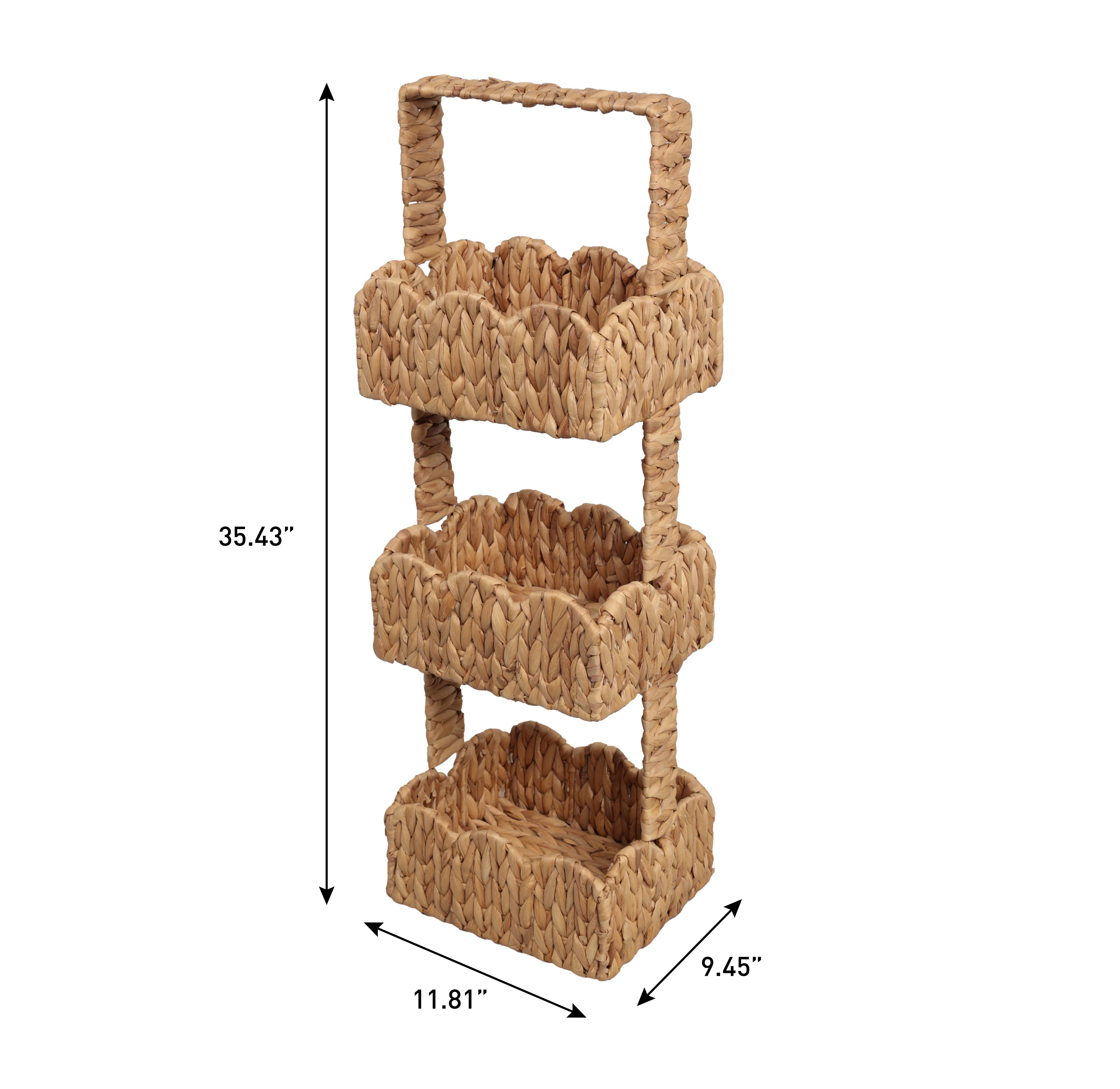 TerraCoastal Handwoven Water Hyacinth 3-Tier Scalloped Basket Freestanding Storage Tower Stand with Top Handle