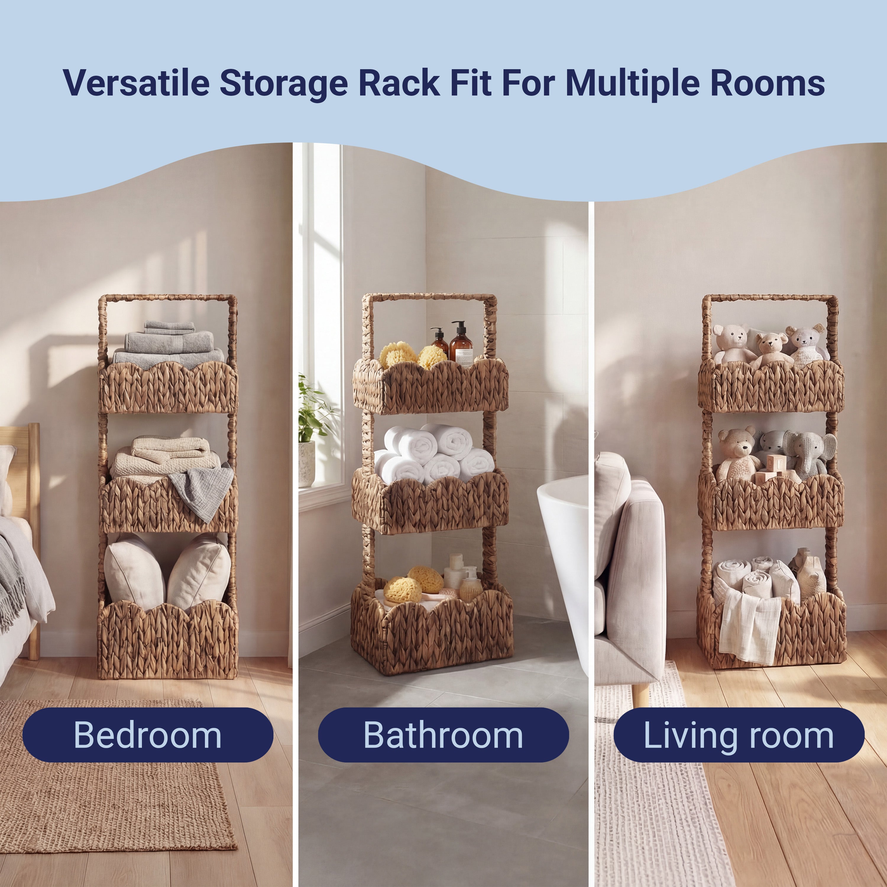 TerraCoastal Handwoven Water Hyacinth 3-Tier Scalloped Basket Freestanding Storage Tower Stand with Top Handle