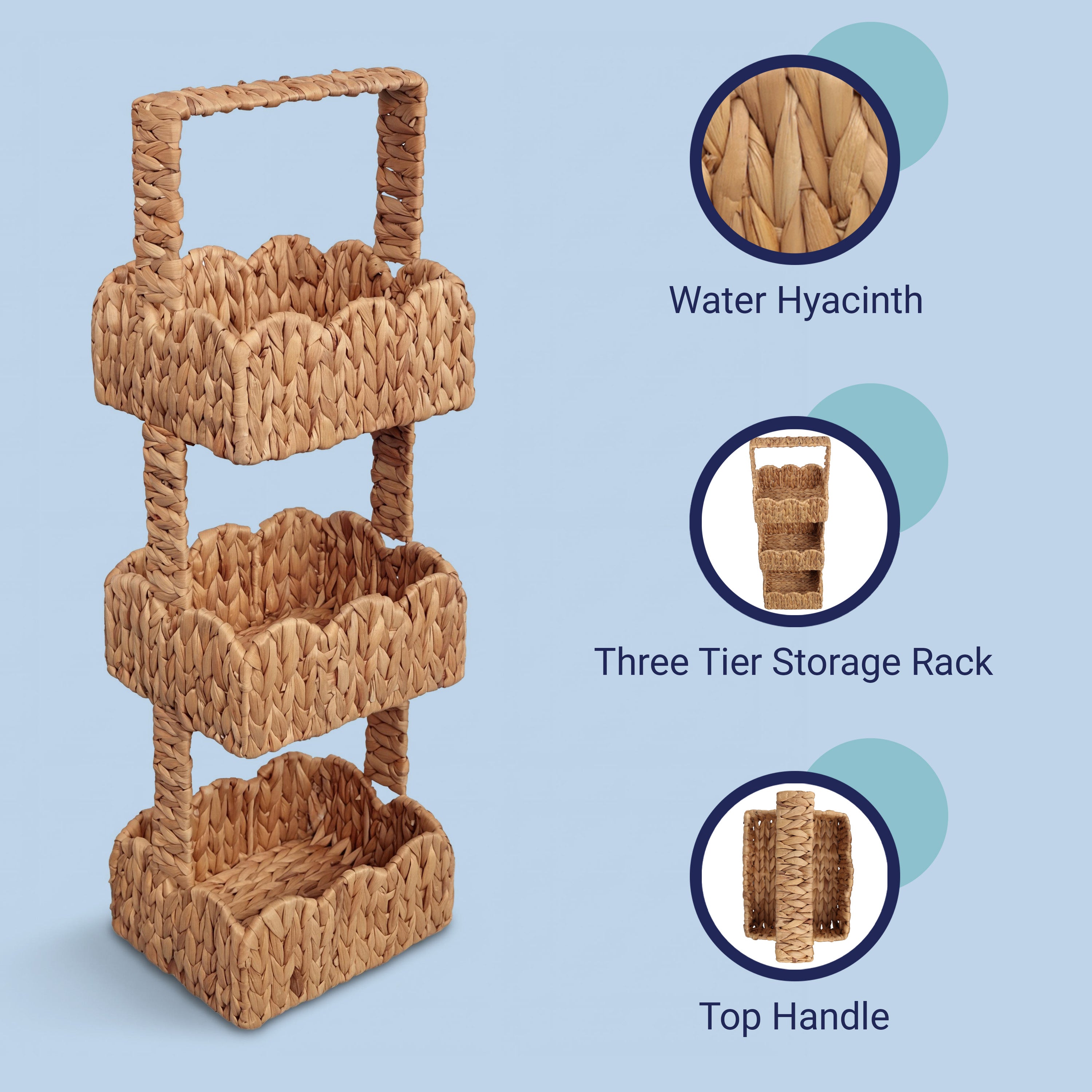 TerraCoastal Handwoven Water Hyacinth 3-Tier Scalloped Basket Freestanding Storage Tower Stand with Top Handle