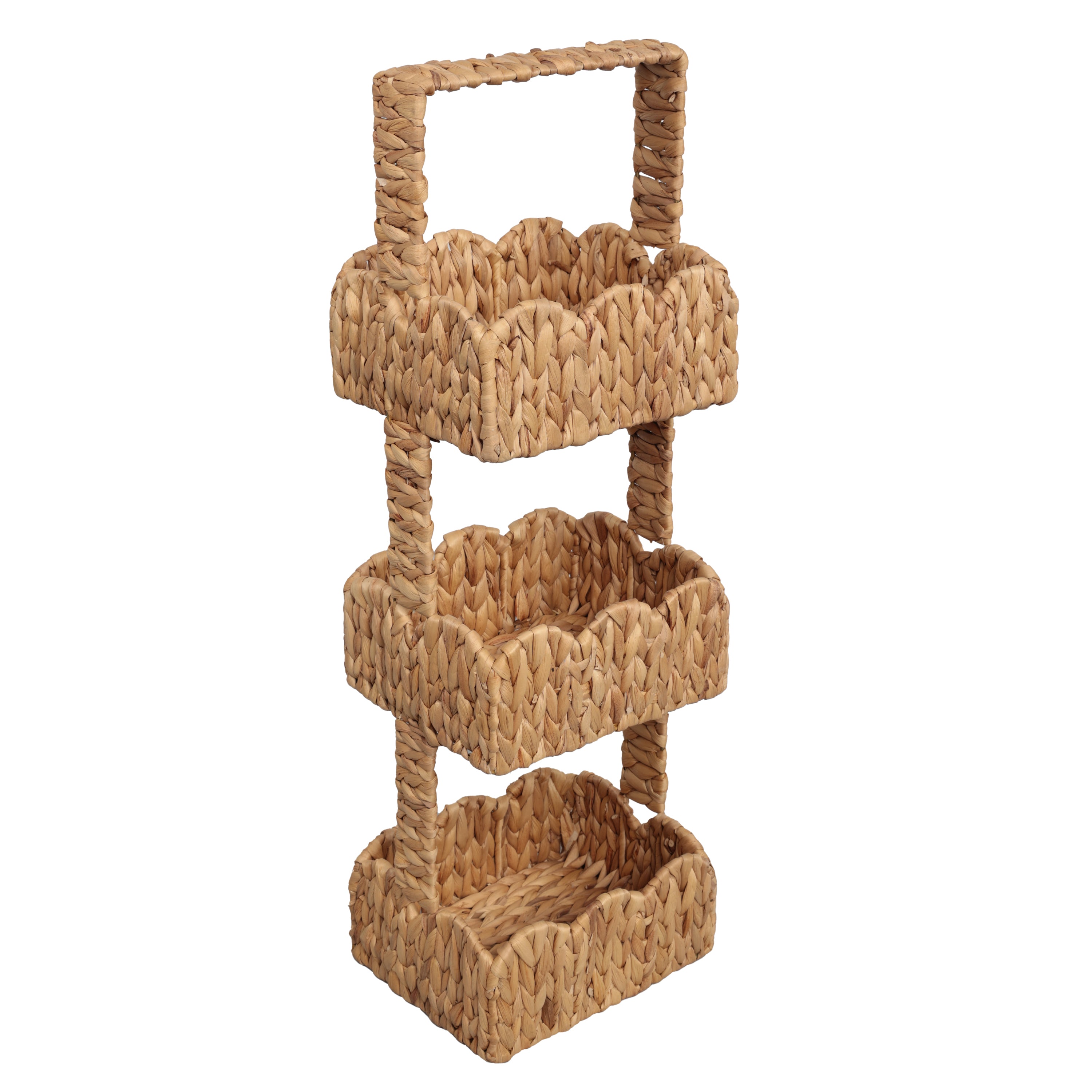 TerraCoastal Handwoven Water Hyacinth 3-Tier Scalloped Basket Freestanding Storage Tower Stand with Top Handle