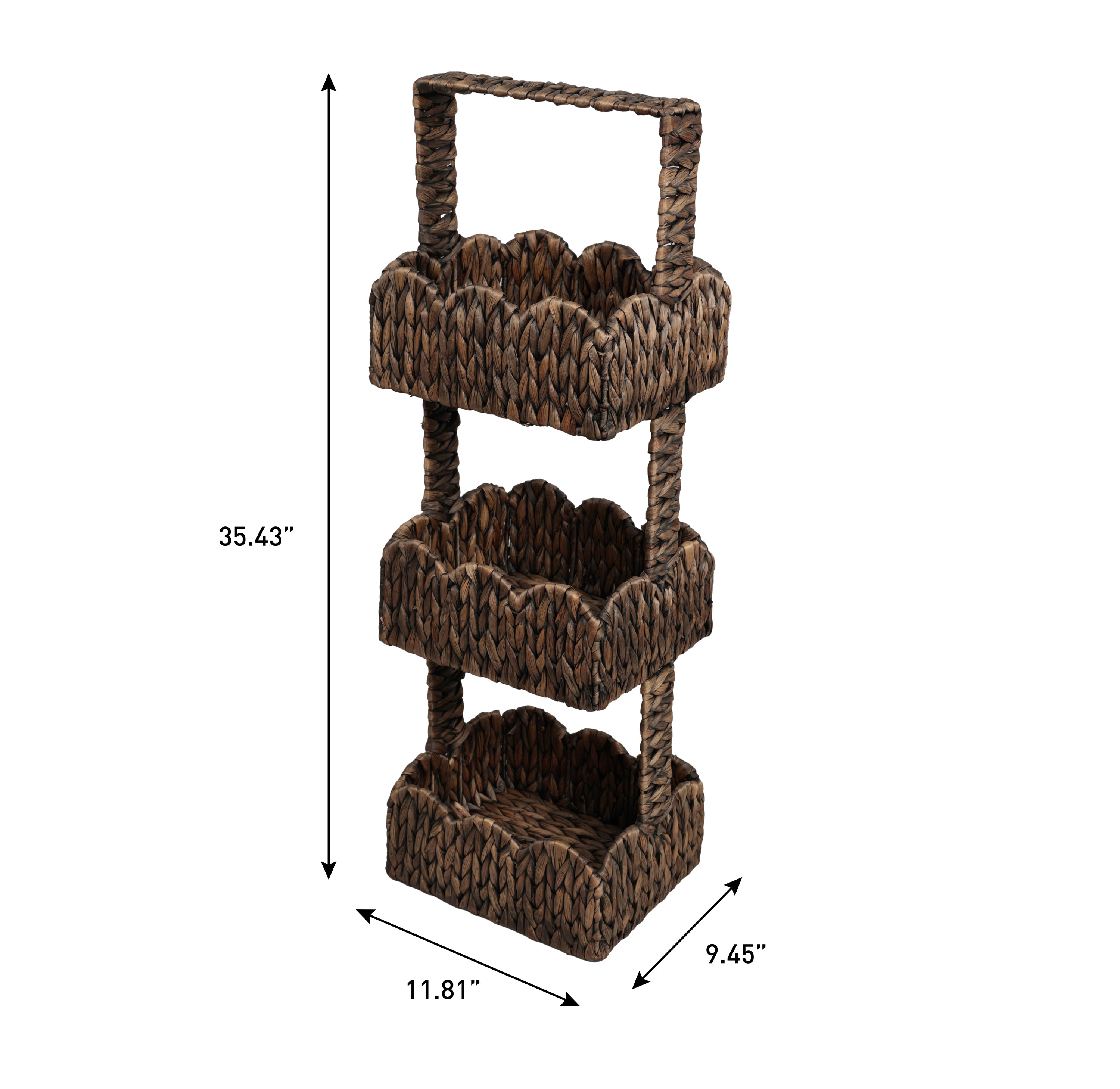 TerraCoastal Handwoven Water Hyacinth 3-Tier Scalloped Basket Freestanding Storage Tower Stand with Top Handle
