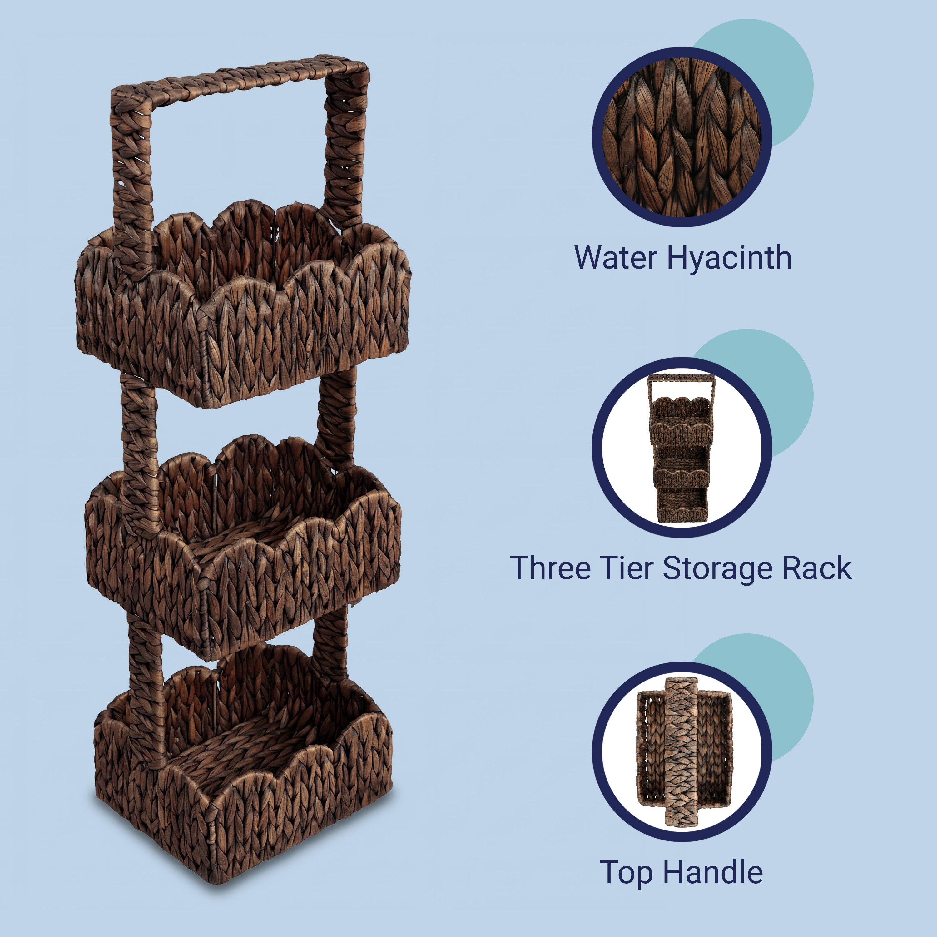 TerraCoastal Handwoven Water Hyacinth 3-Tier Scalloped Basket Freestanding Storage Tower Stand with Top Handle