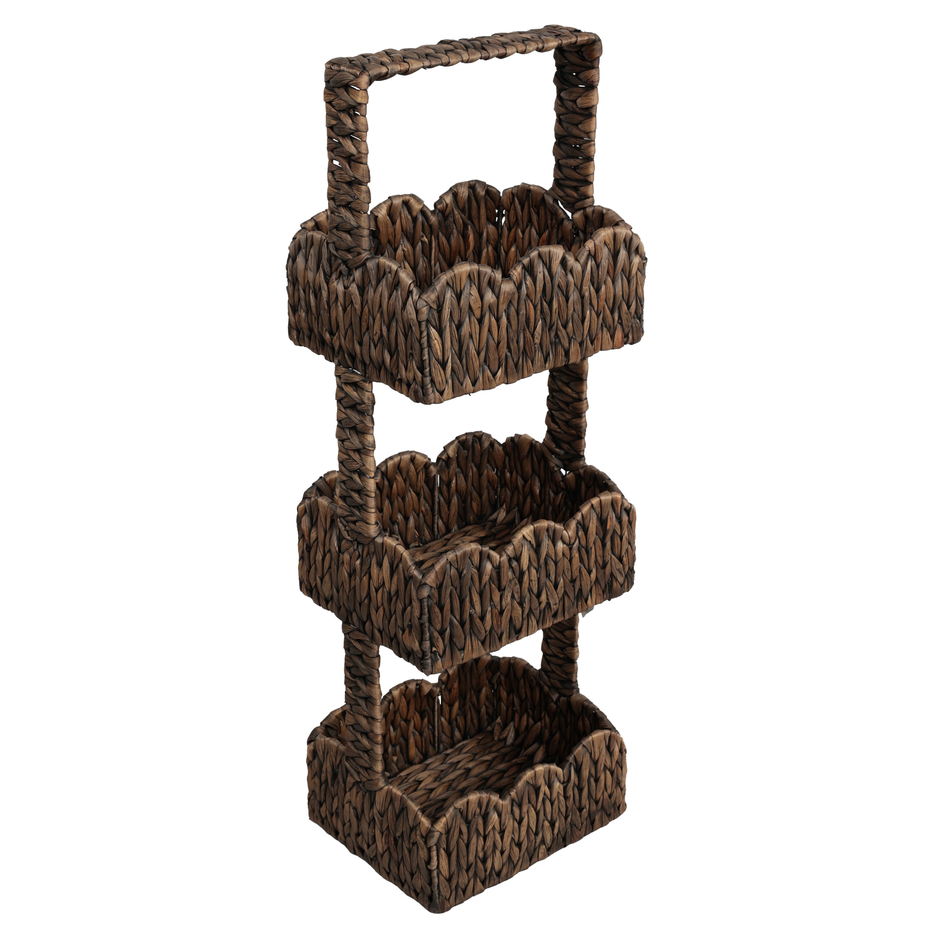 TerraCoastal Handwoven Water Hyacinth 3-Tier Scalloped Basket Freestanding Storage Tower Stand with Top Handle