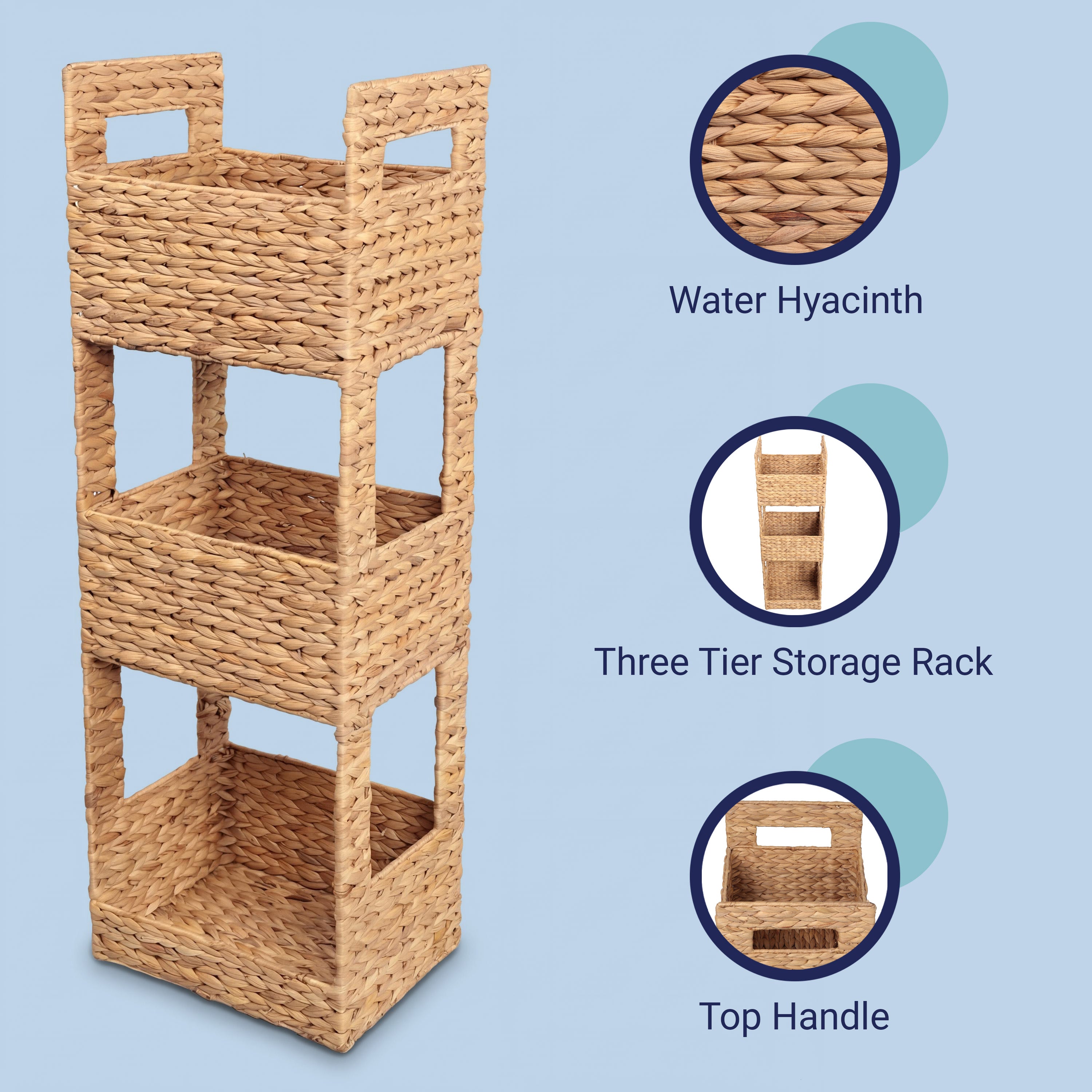 SavannahCoastal Handwoven Water Hyacinth 3-Tier Freestanding Storage Tower with Metal Frame and Handles